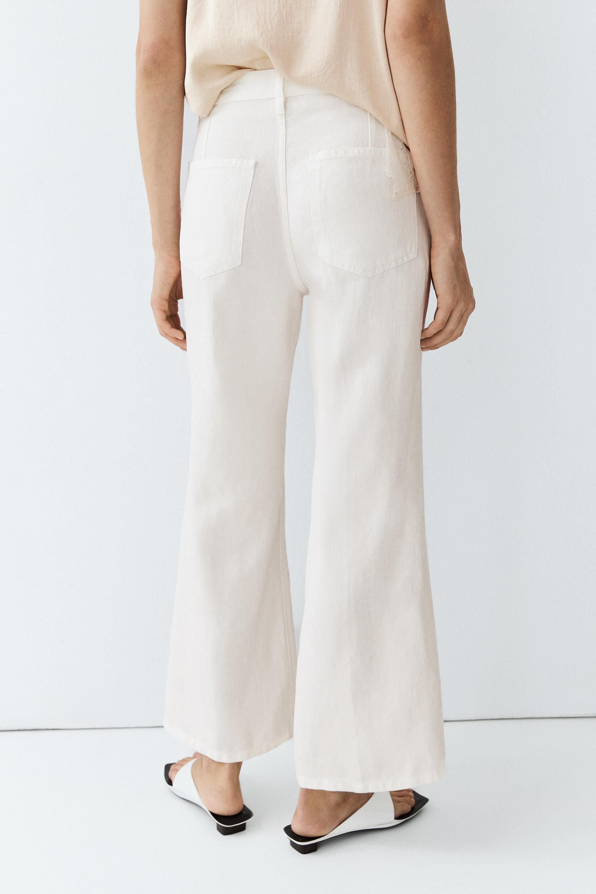 100% linen cropped flare fit pants — Off white