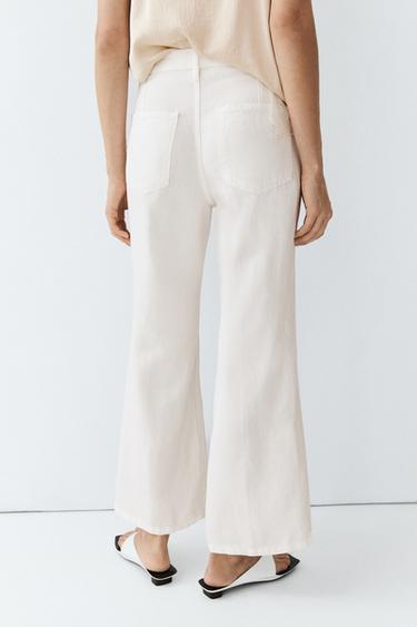 100% linen cropped flare fit pants — Off white 5