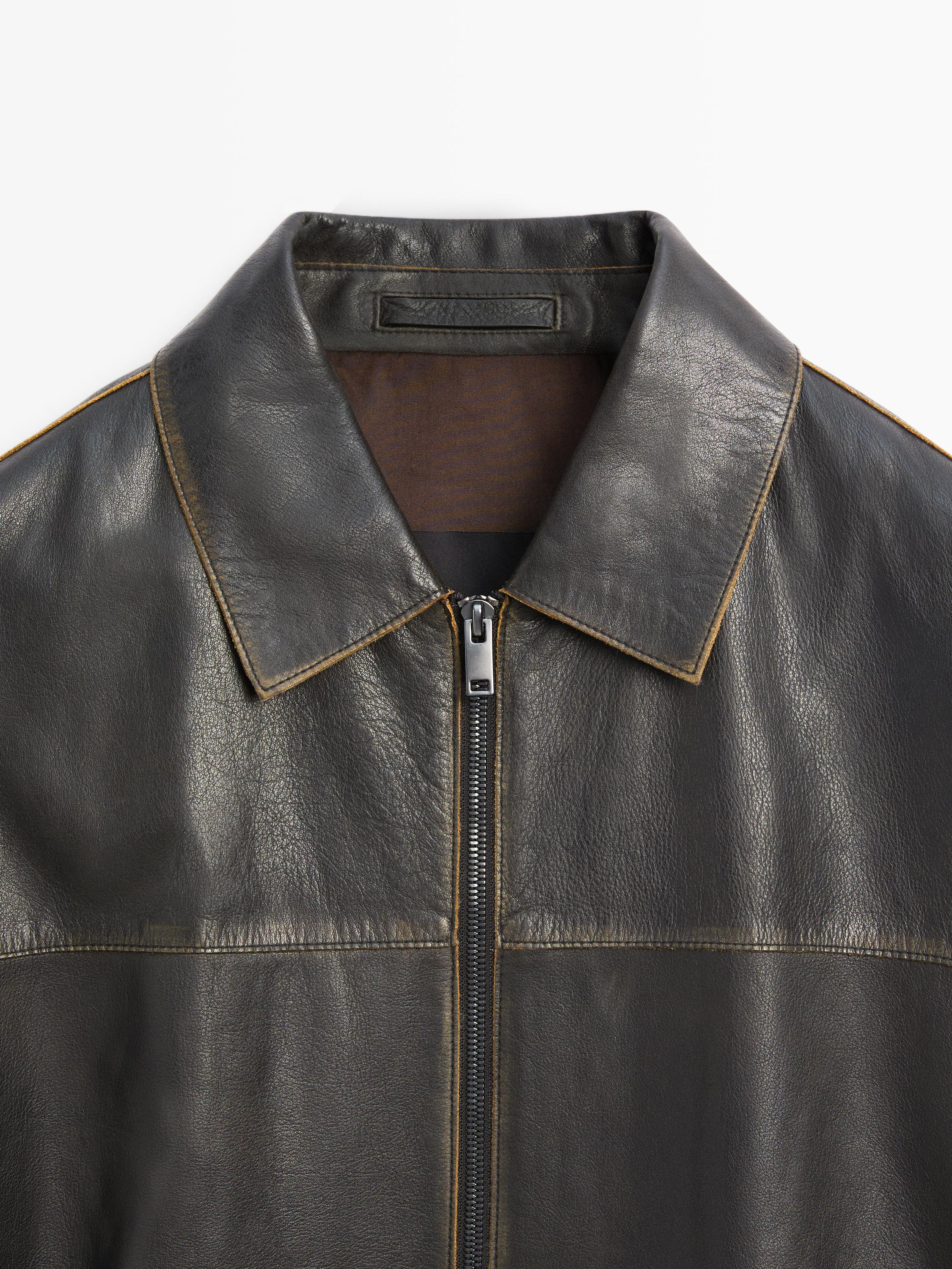 Distressed effect leather jacket — BROWN