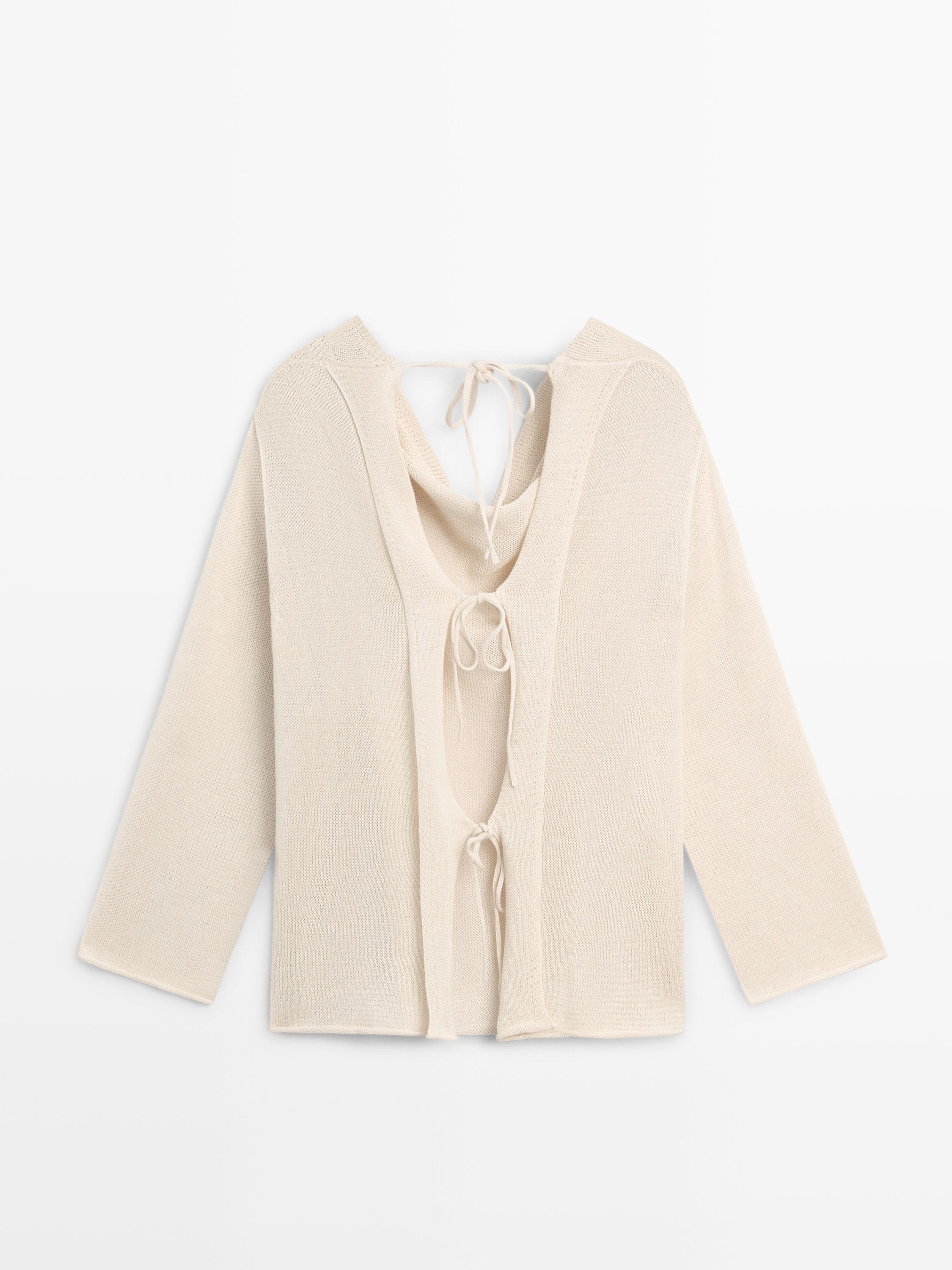 100% cotton knit sweater with back ties — BEIGE
