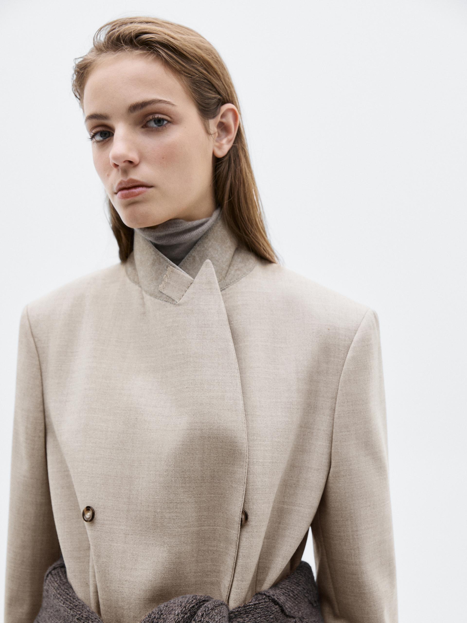 Długa Dwurzędowa Marynarka Wełniana - Limited - Szary Pop - 38 - Massimo Dutti - Kobieta