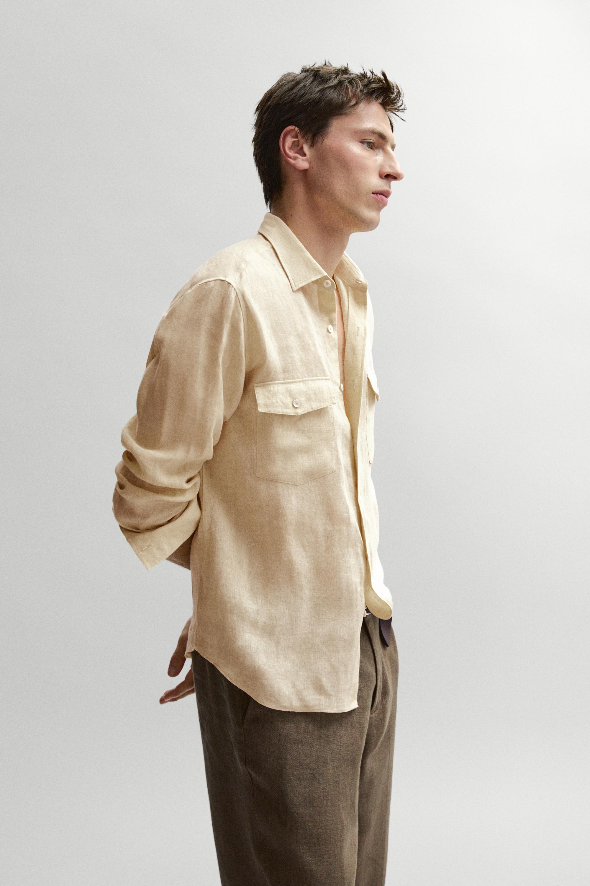 Regular fit 100% linen shirt with pockets — YELLOW