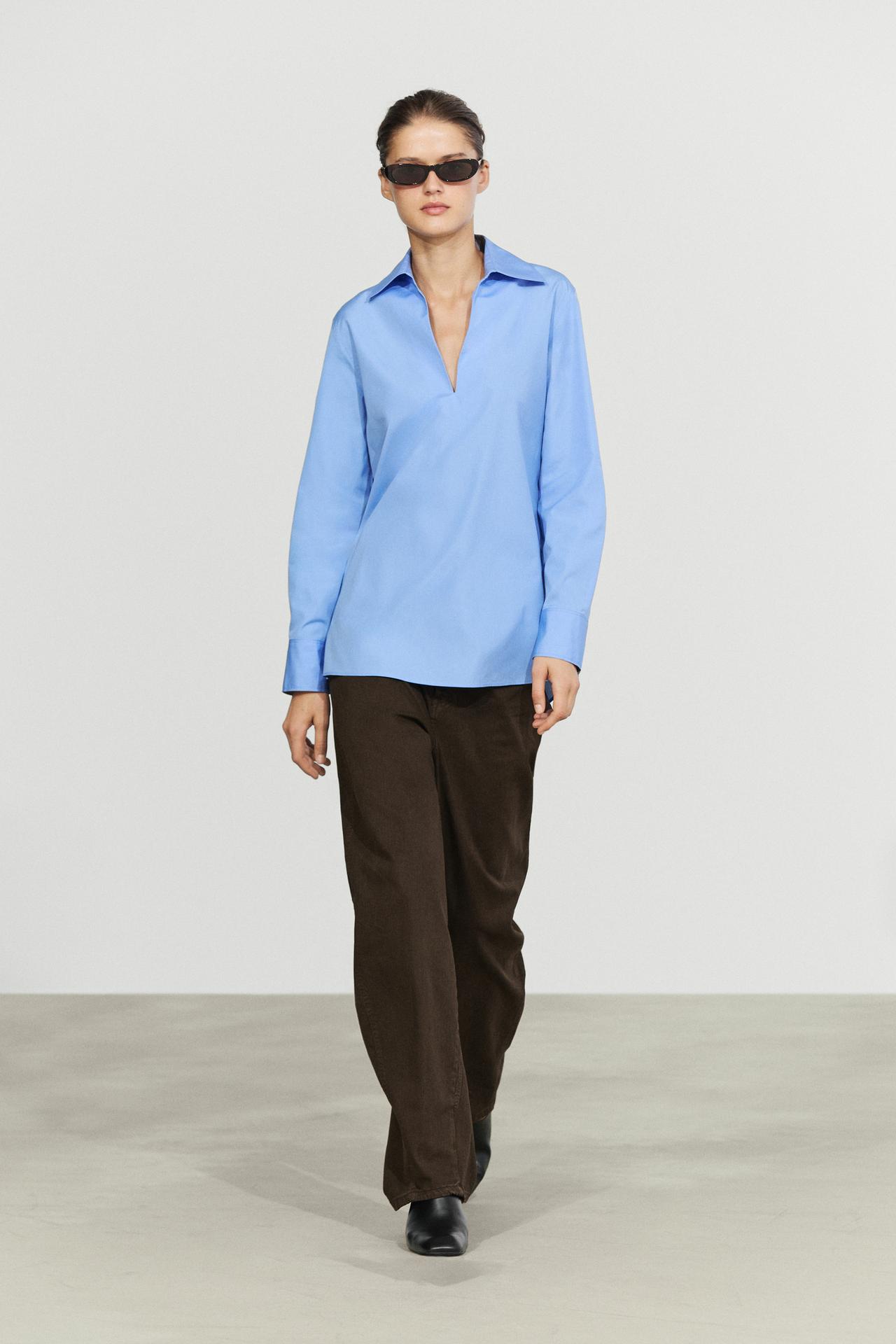 Cotton poplin blouse with V-neck — INDIGO