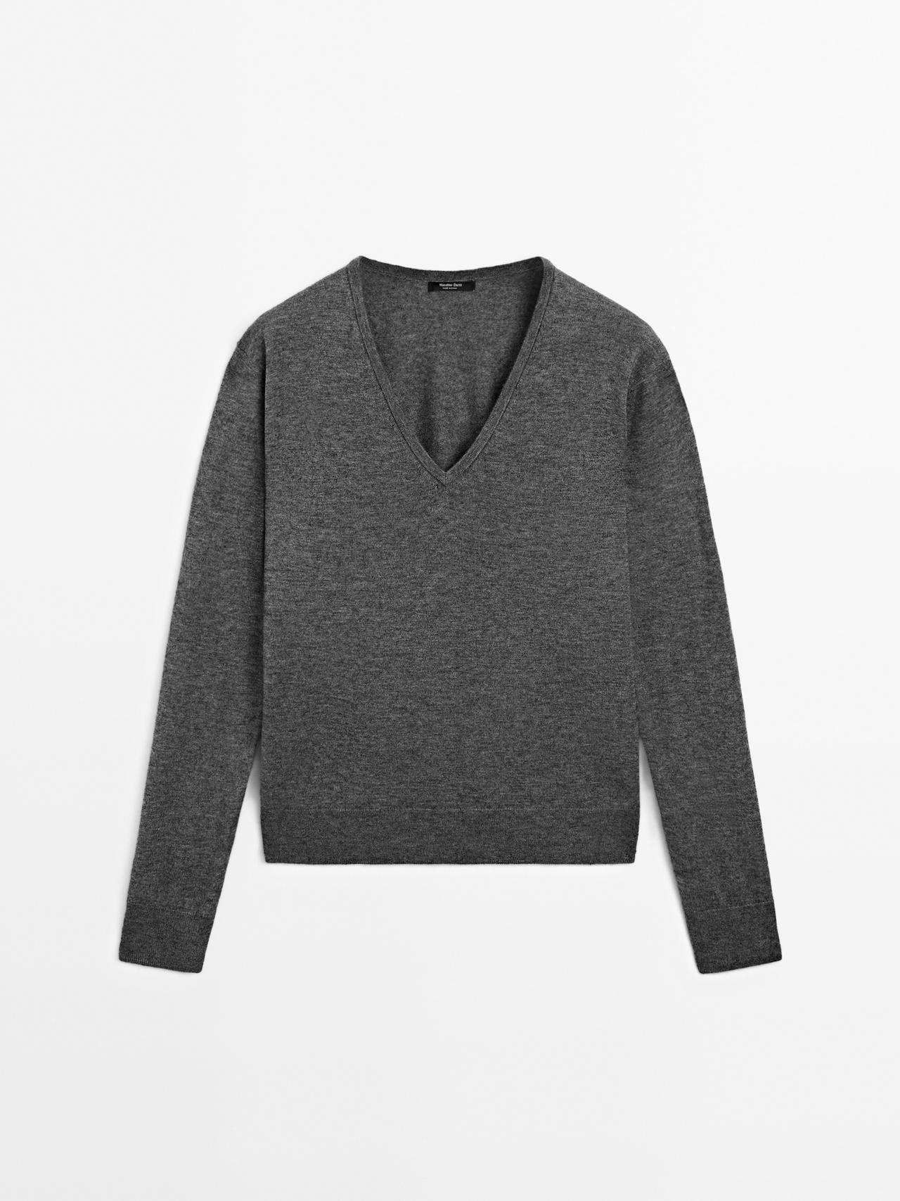 Massimo Dutti - Dame - Striktrøje I Uldblanding Med V-Udskæring - Grå - M