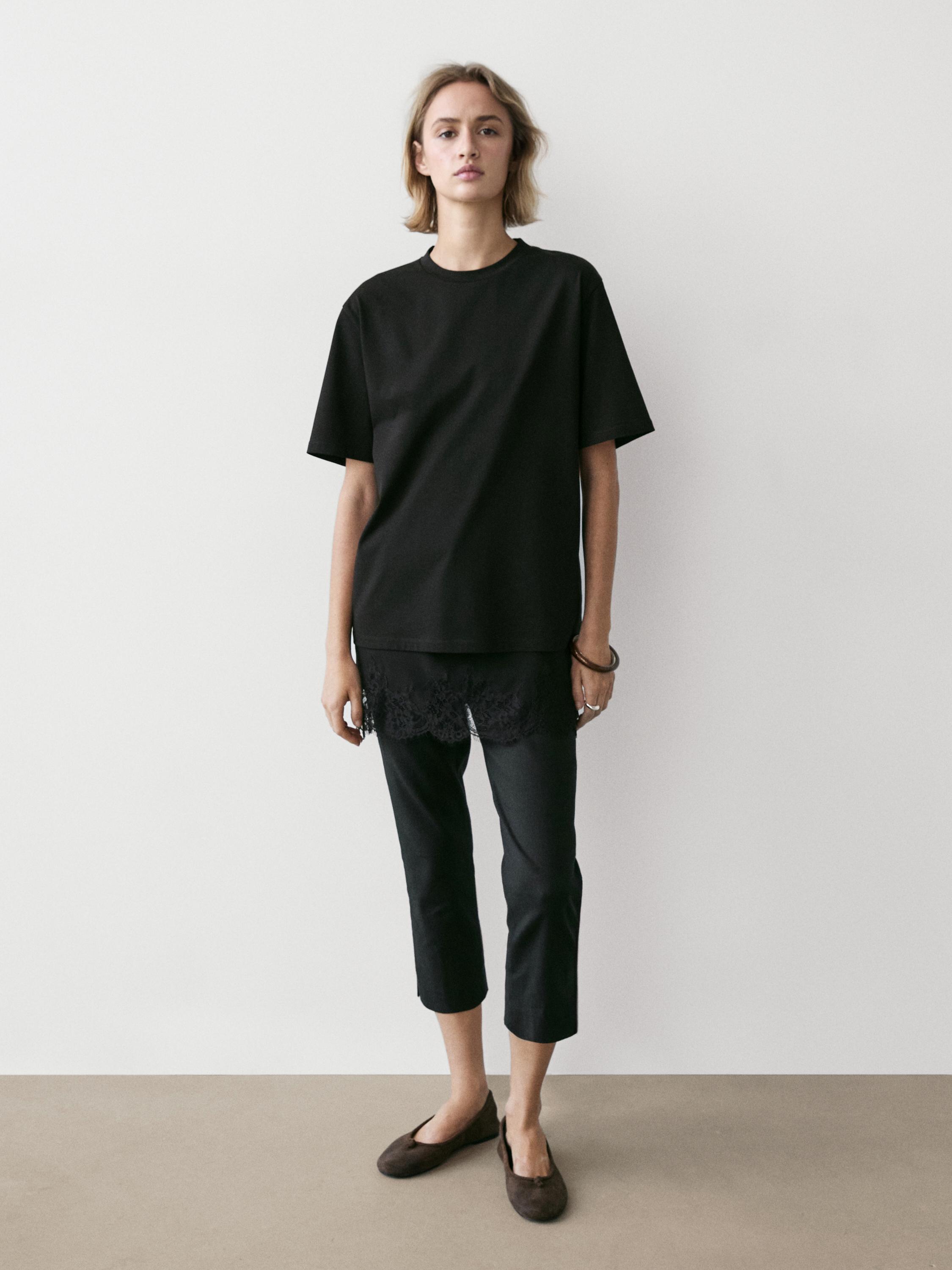 Short sleeve T-shirt with lace detail — BLACK