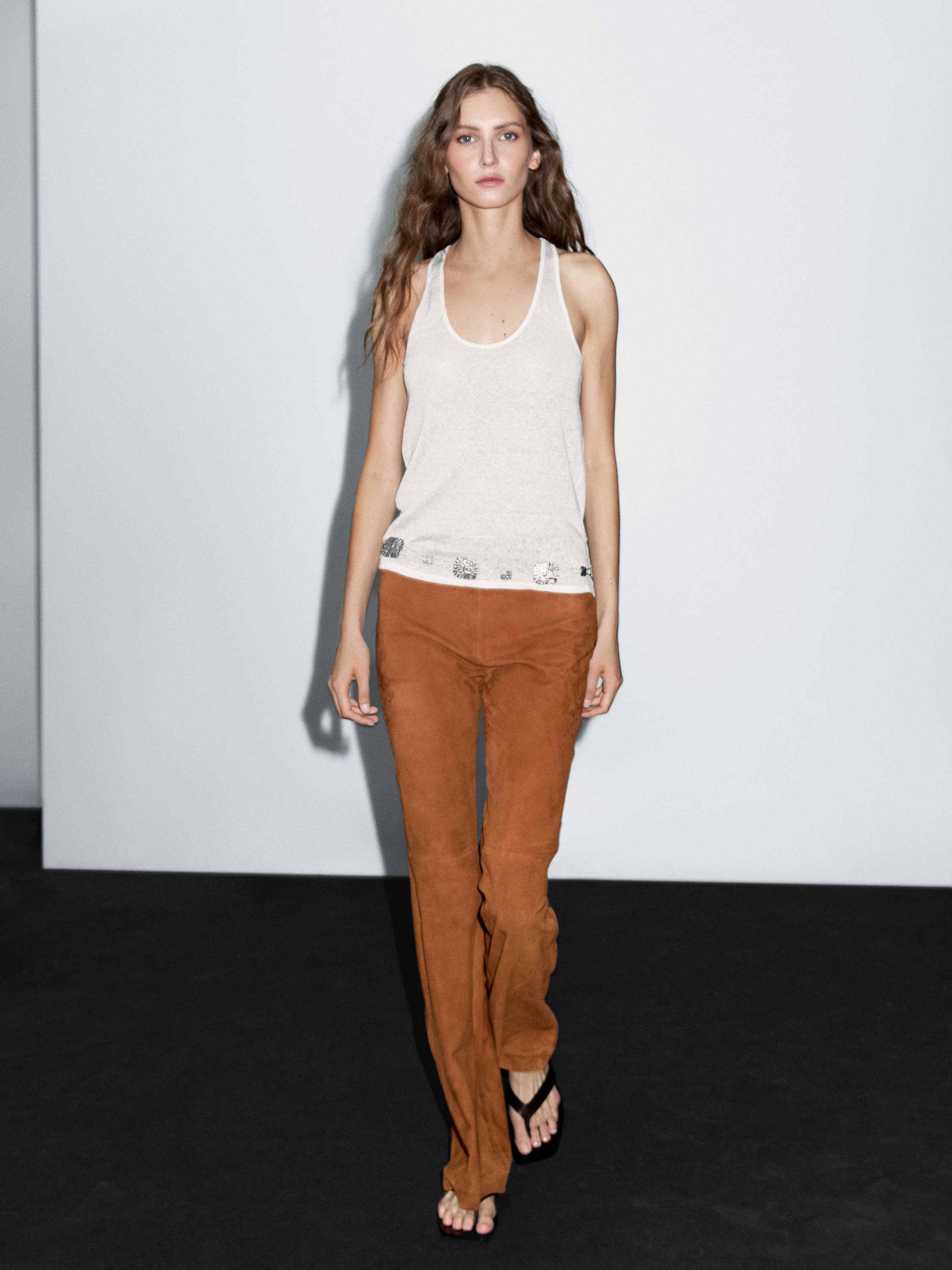 Suede leather flare fit trousers