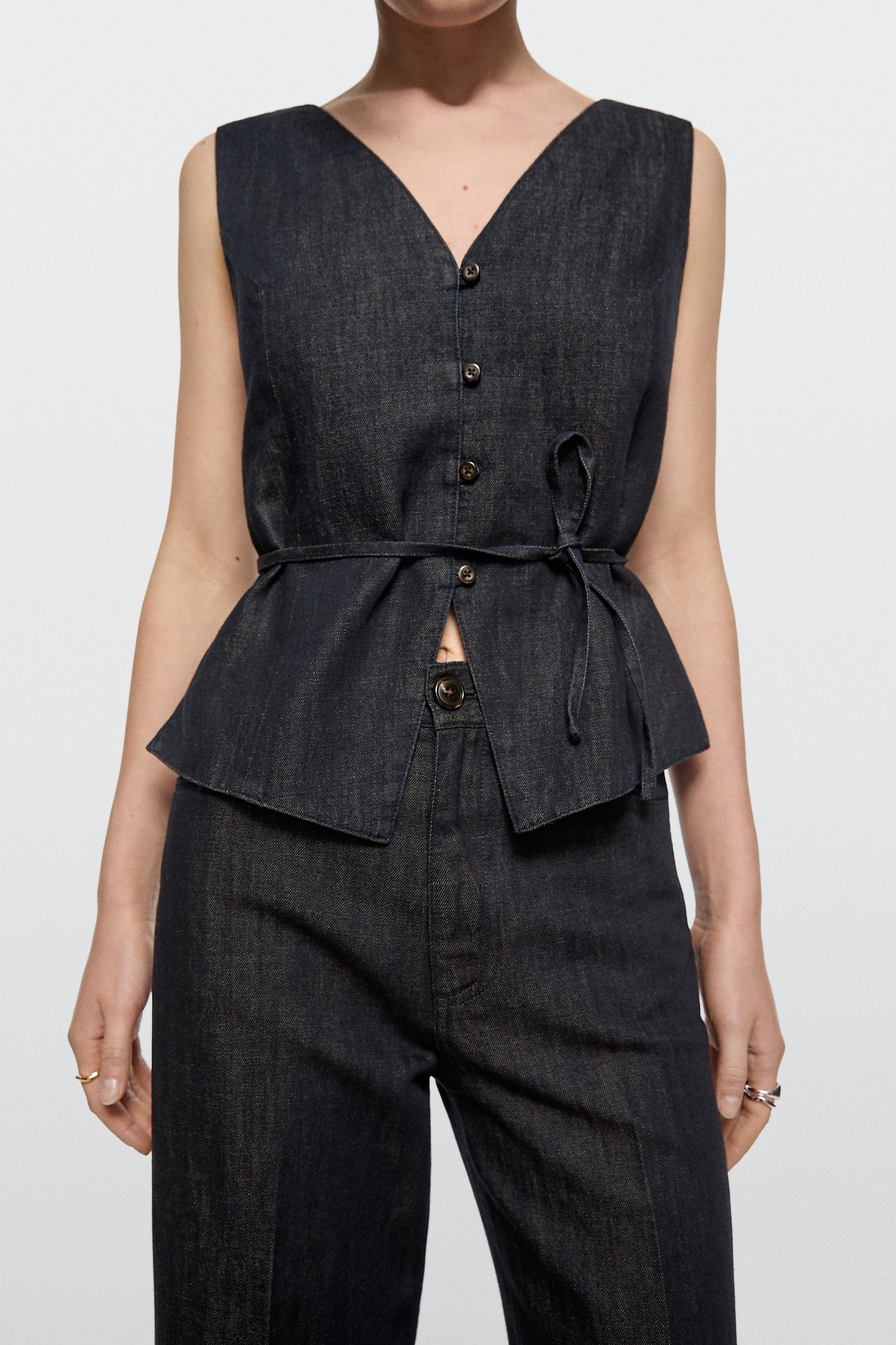 High-waist palazzo denim pants co-ord — DARK BLUE