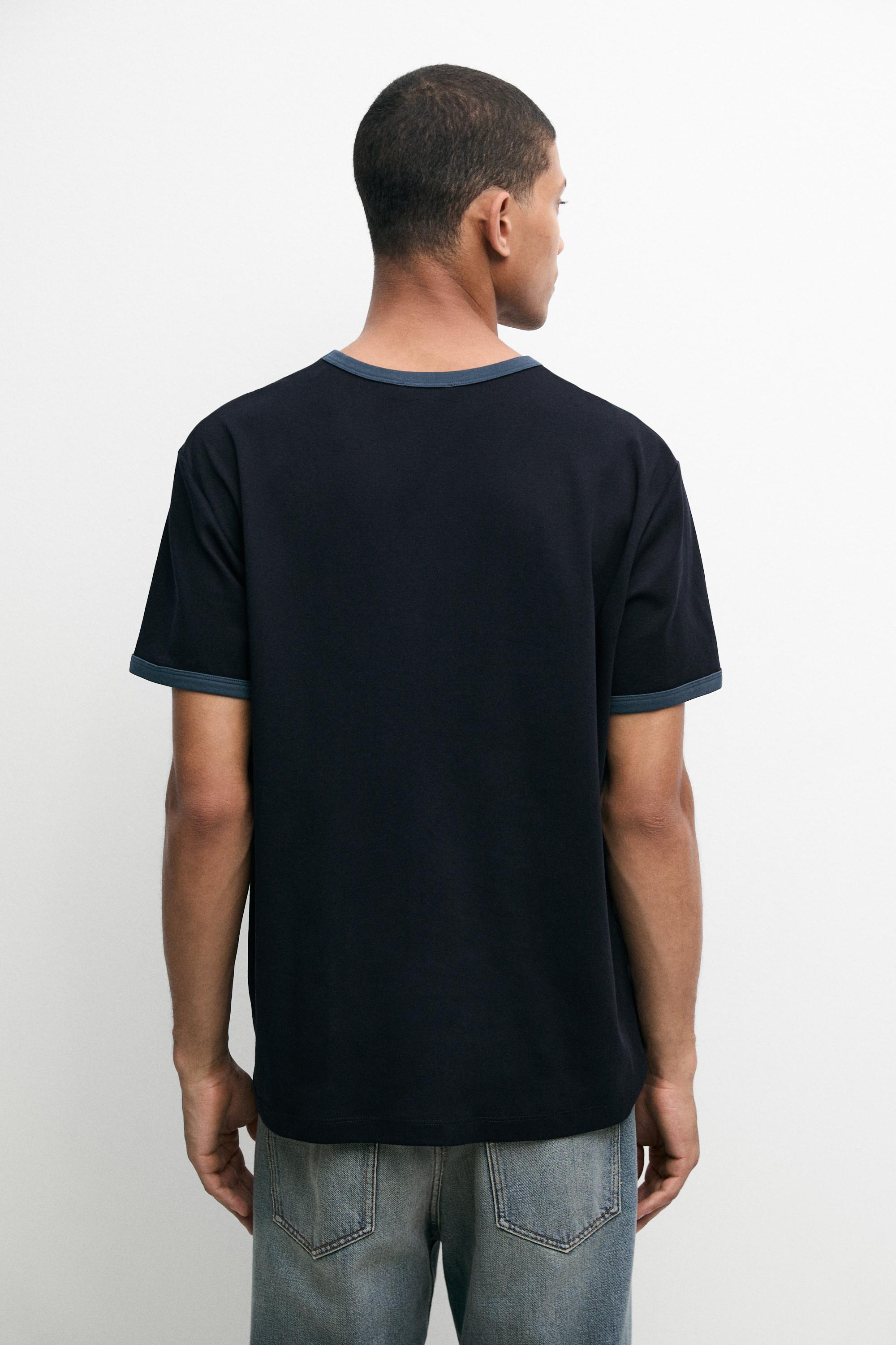 100% cotton contrast neck T-shirt — NAVY BLUE