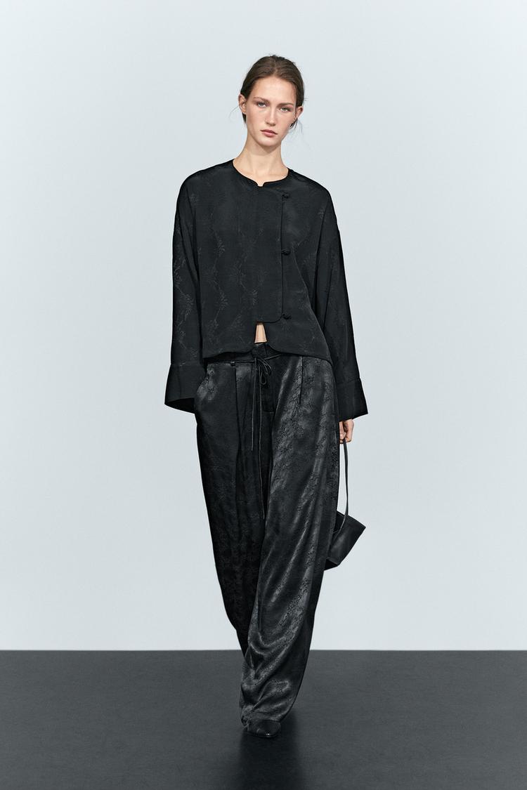 Wide-leg fluid pants with jacquard detail — BLACK