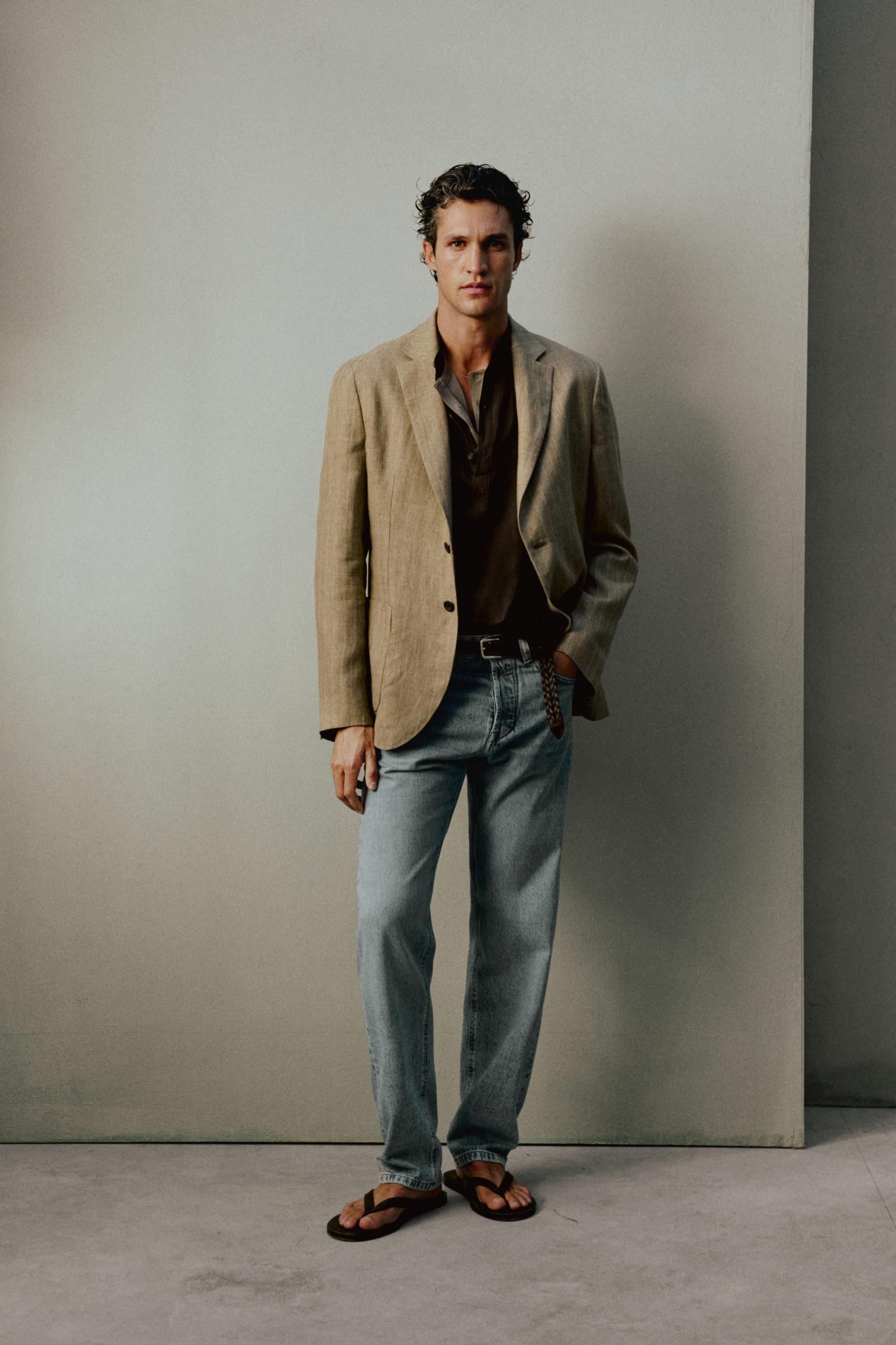 Linen herringbone stripe blazer — BEIGE