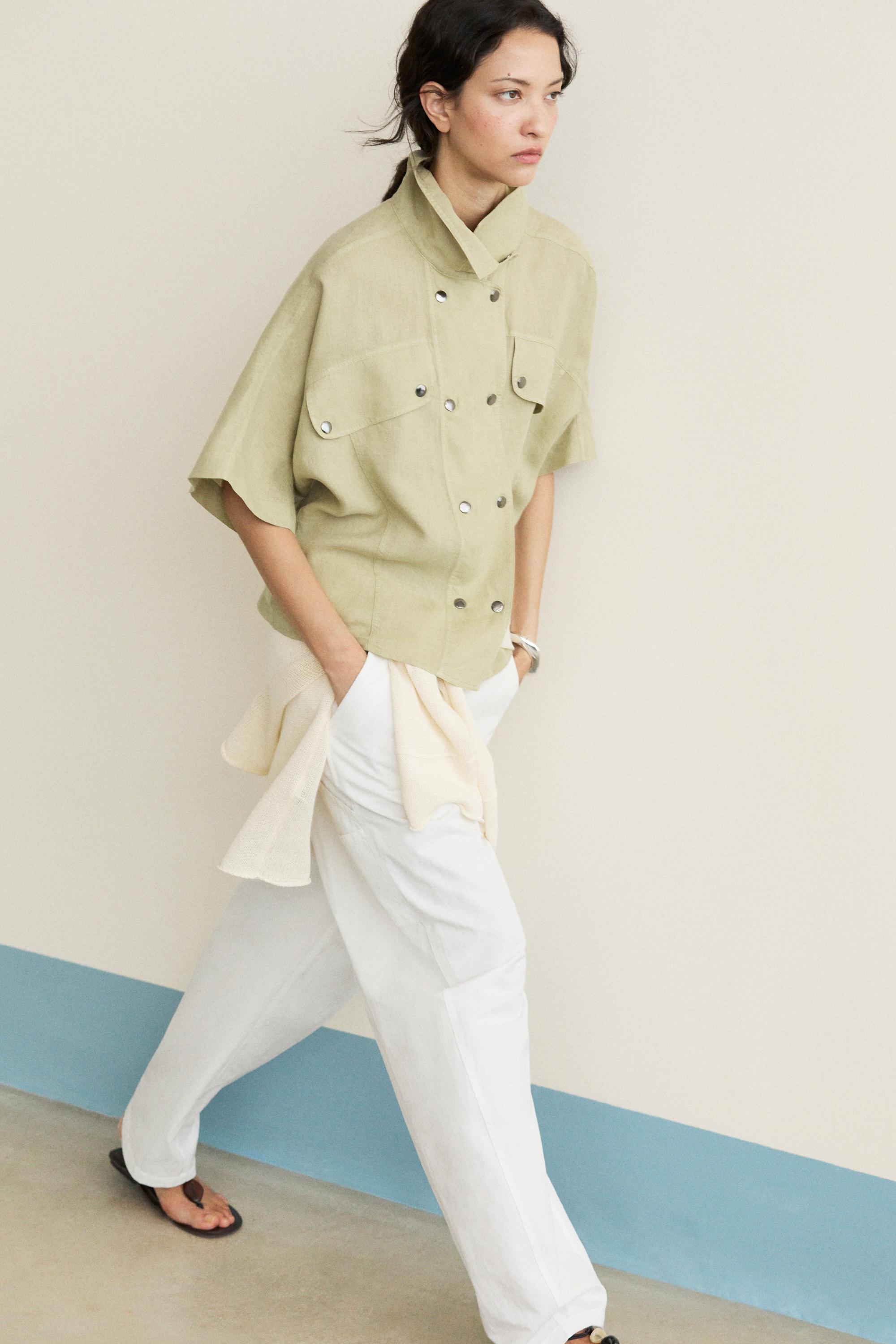 Short sleeve linen snap button shirt — LIME