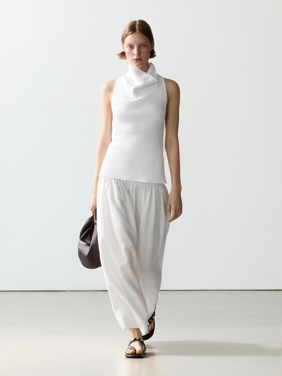 Top En Coton À Encolure Drapée - Blanc Optique - S - Massimo Dutti - Femme