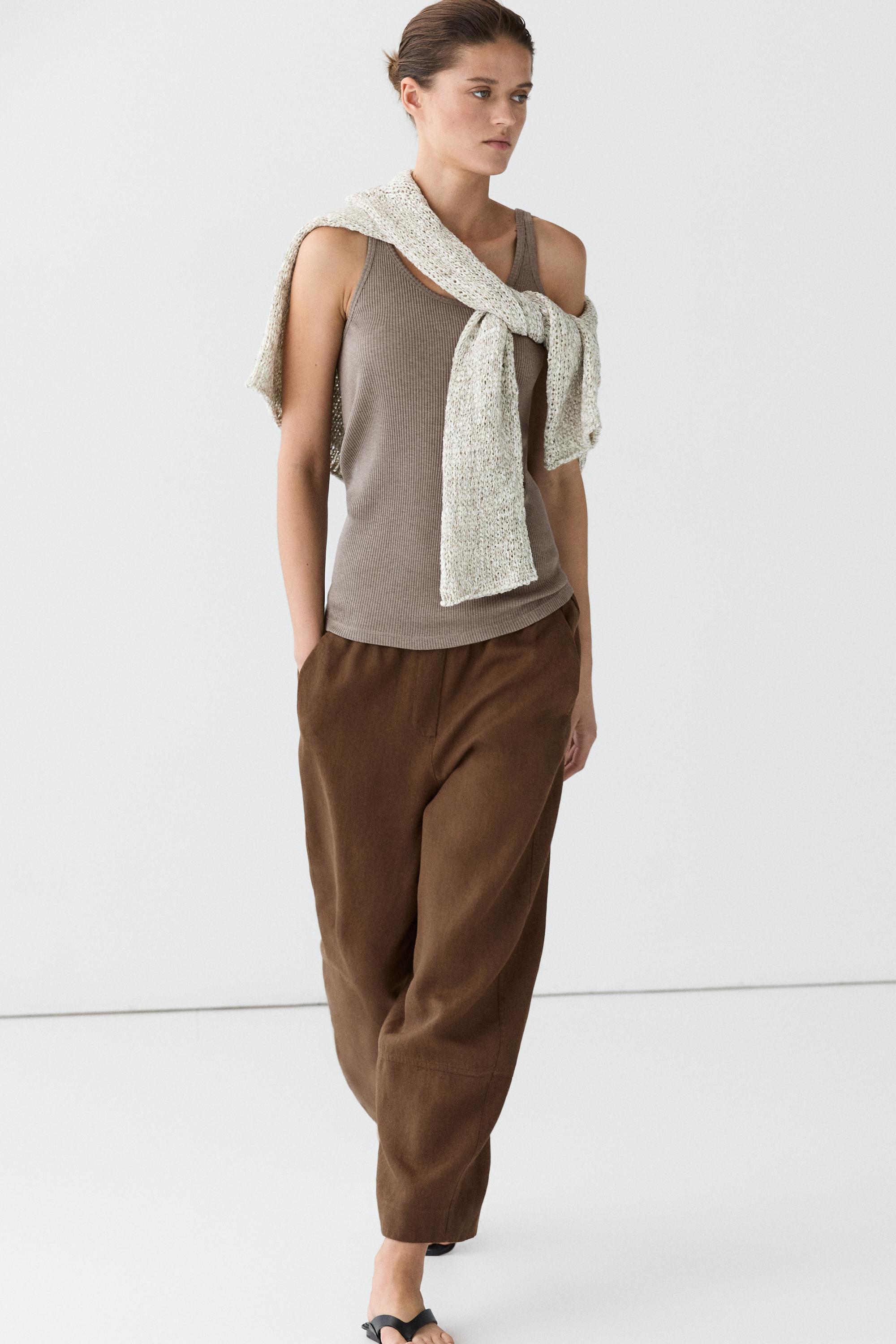 Linen pants with elastic waistband detail — BROWN