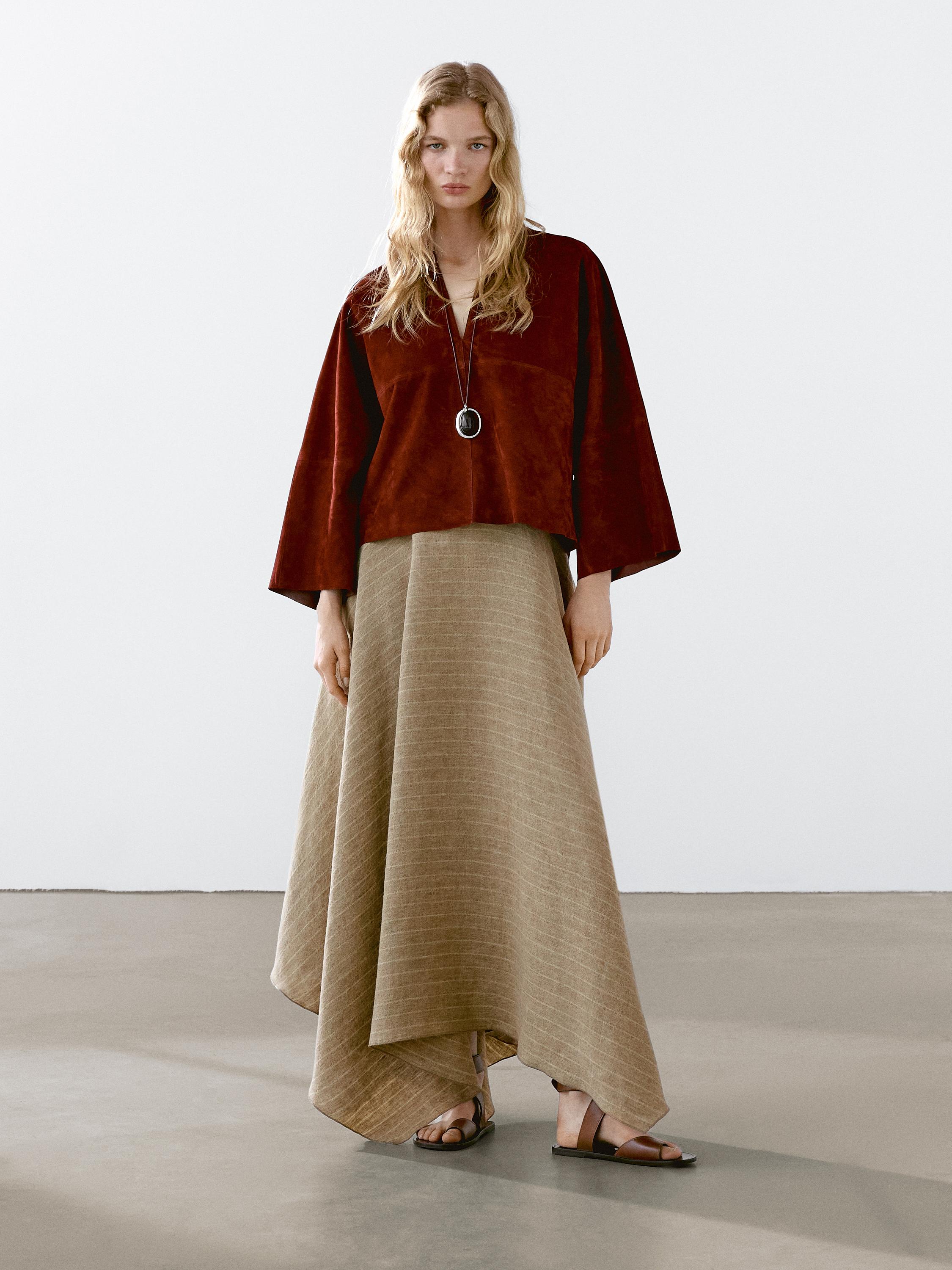 Flounce linen midi skirt with striped detail