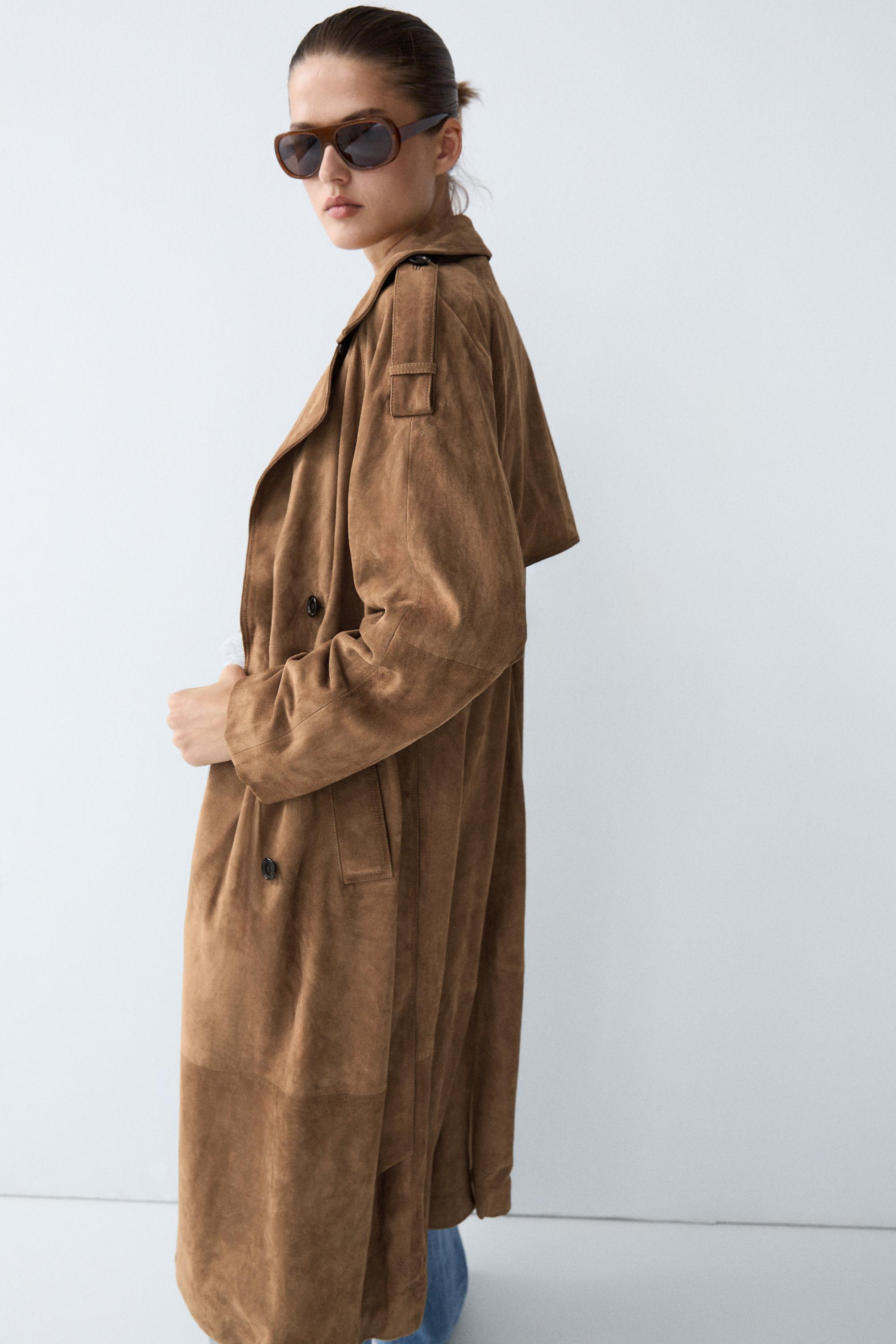 Long suede leather trench coat — Washed