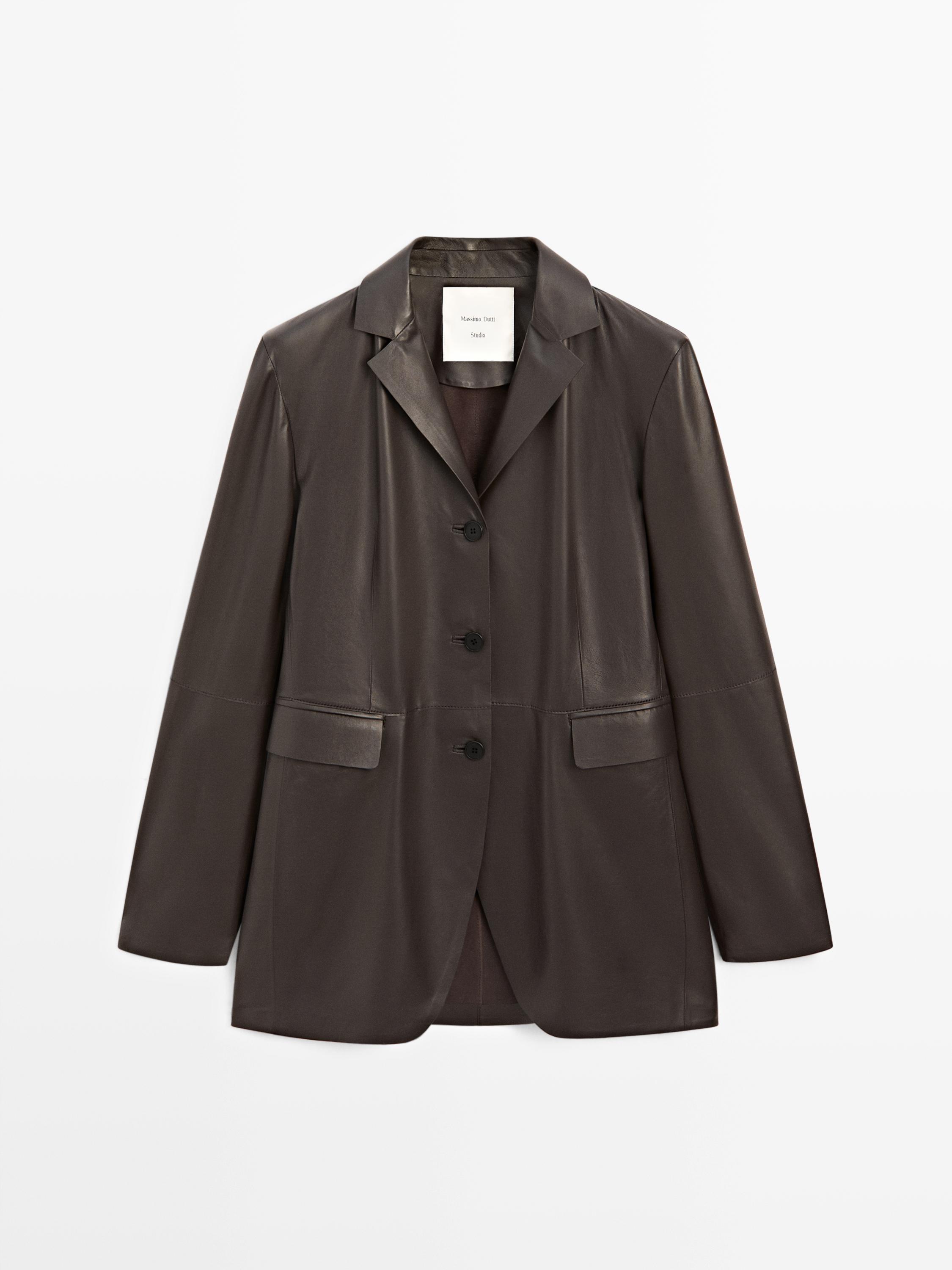 Leather blazer with lapel collar - STUDIO — BROWN