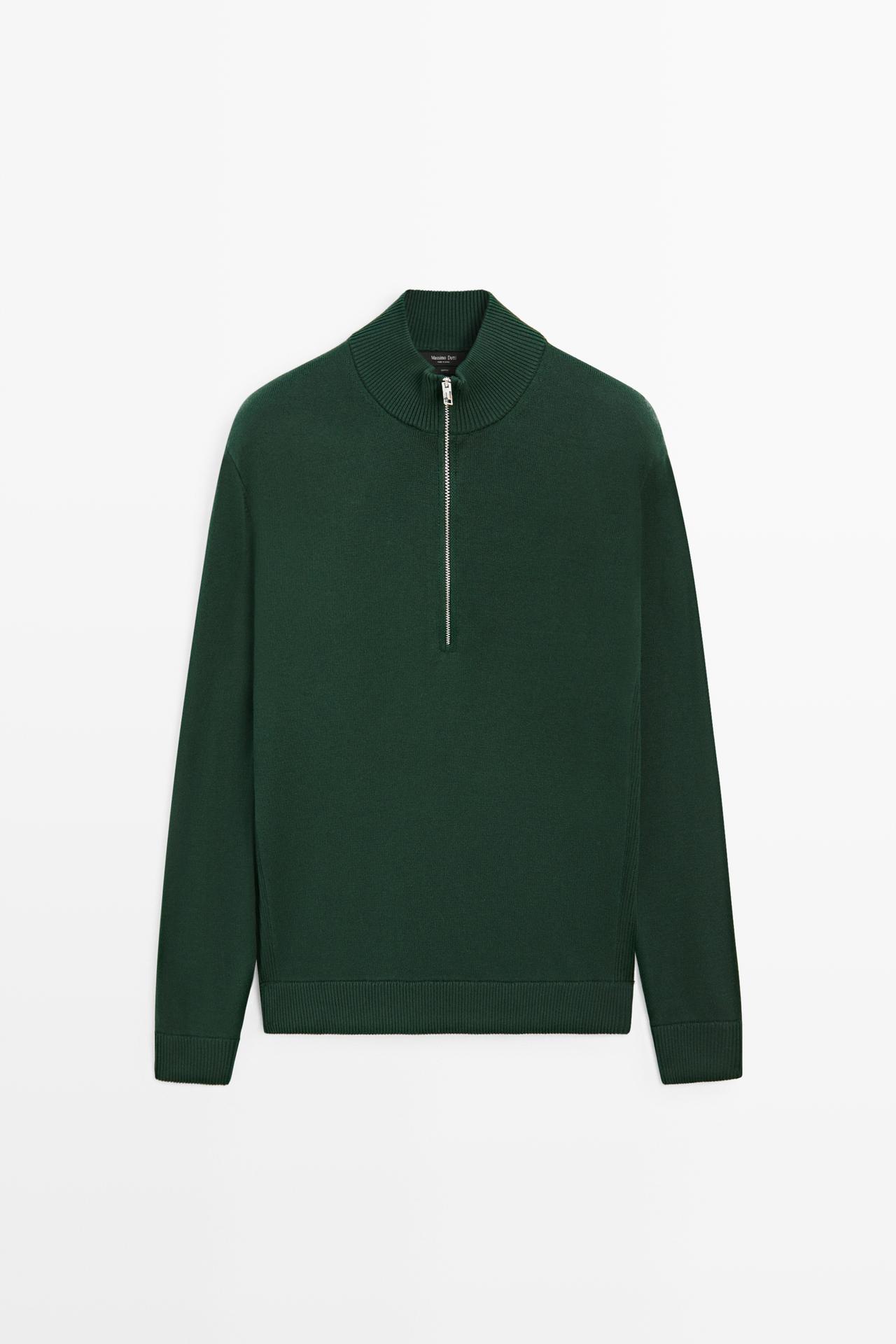 Mock neck zip knit sweater — KHAKI