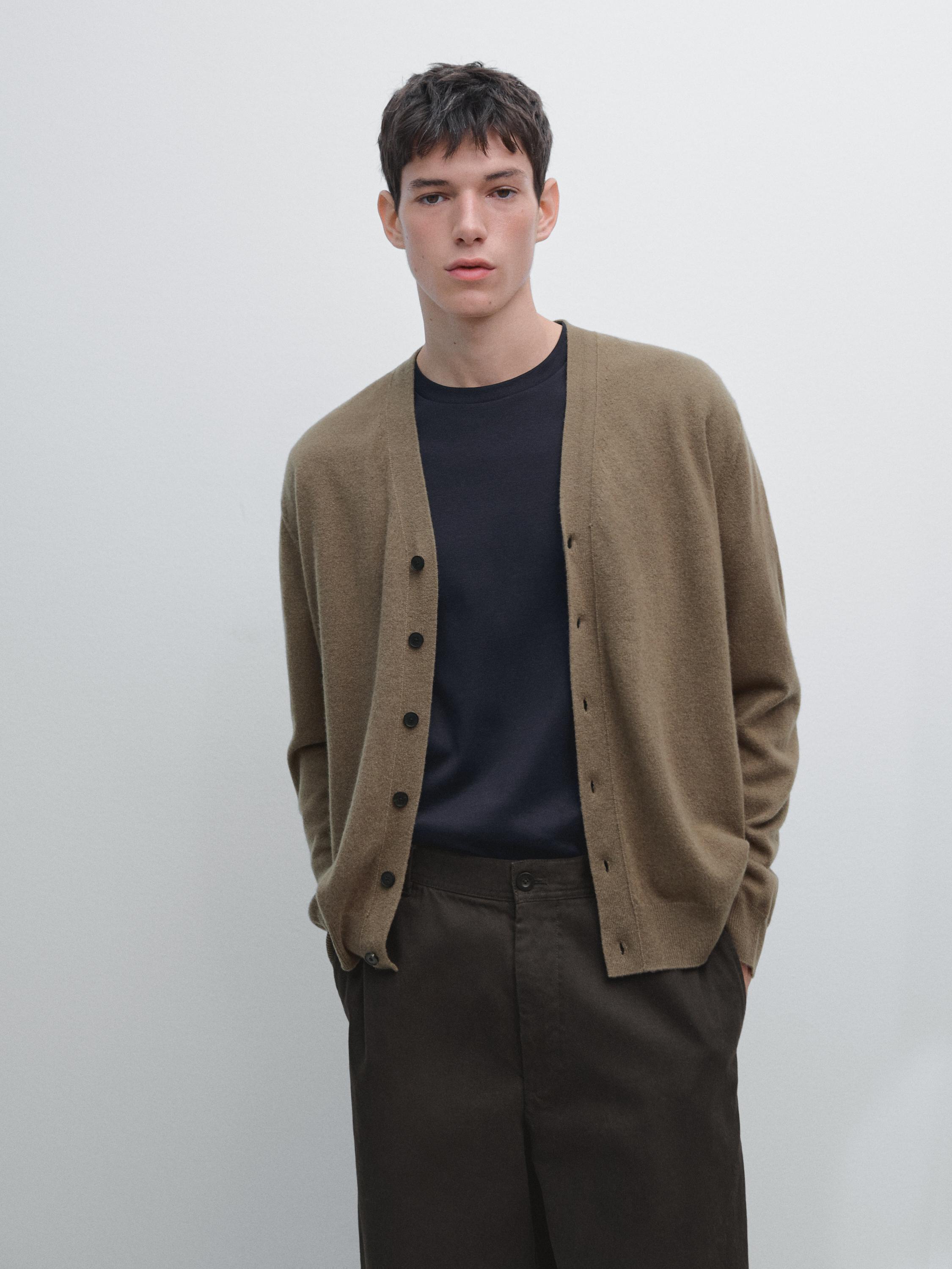 Wool blend V-neck knit cardigan · Beige, Chocolate · Sweaters