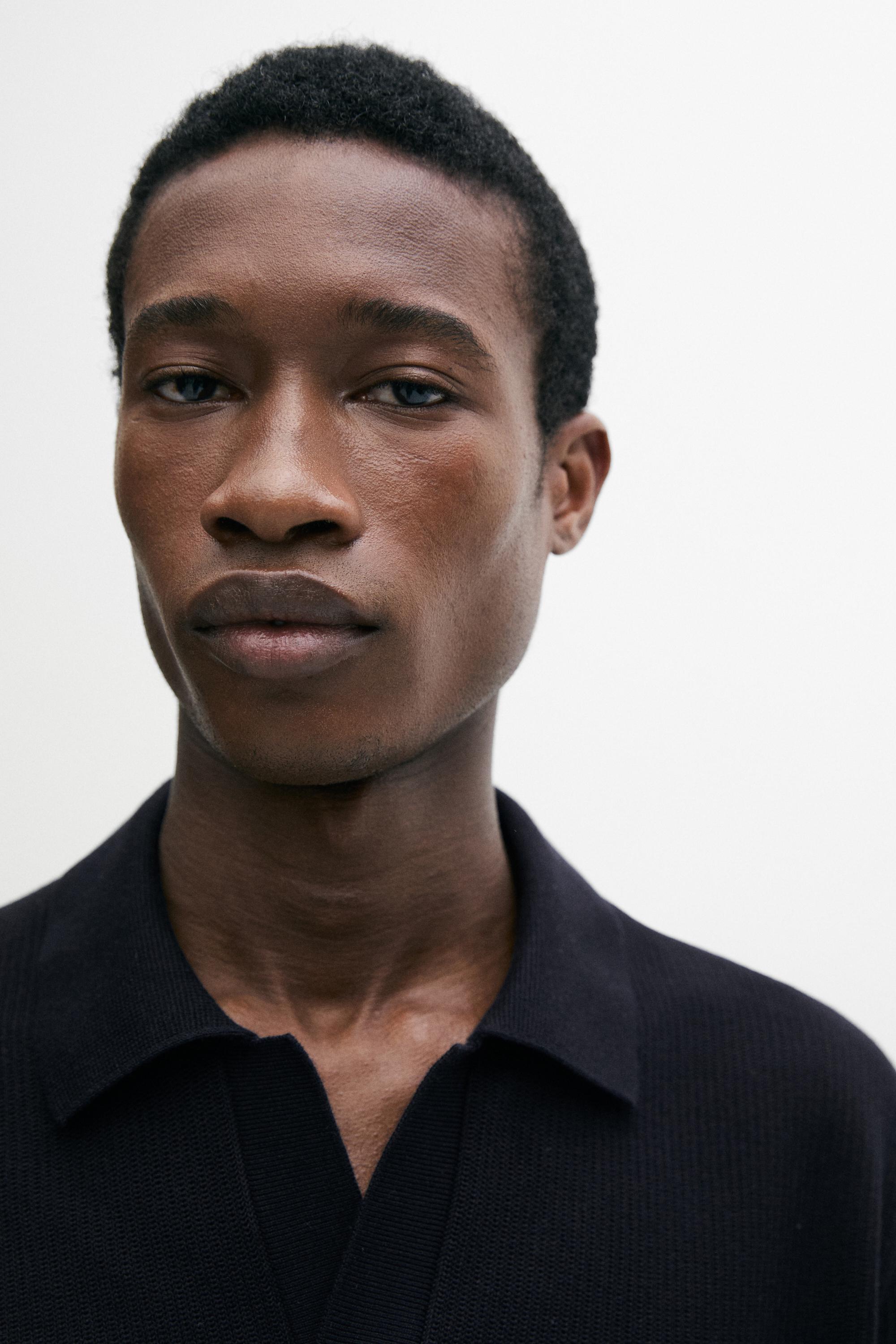 100% cotton knit polo sweater — NAVY BLUE