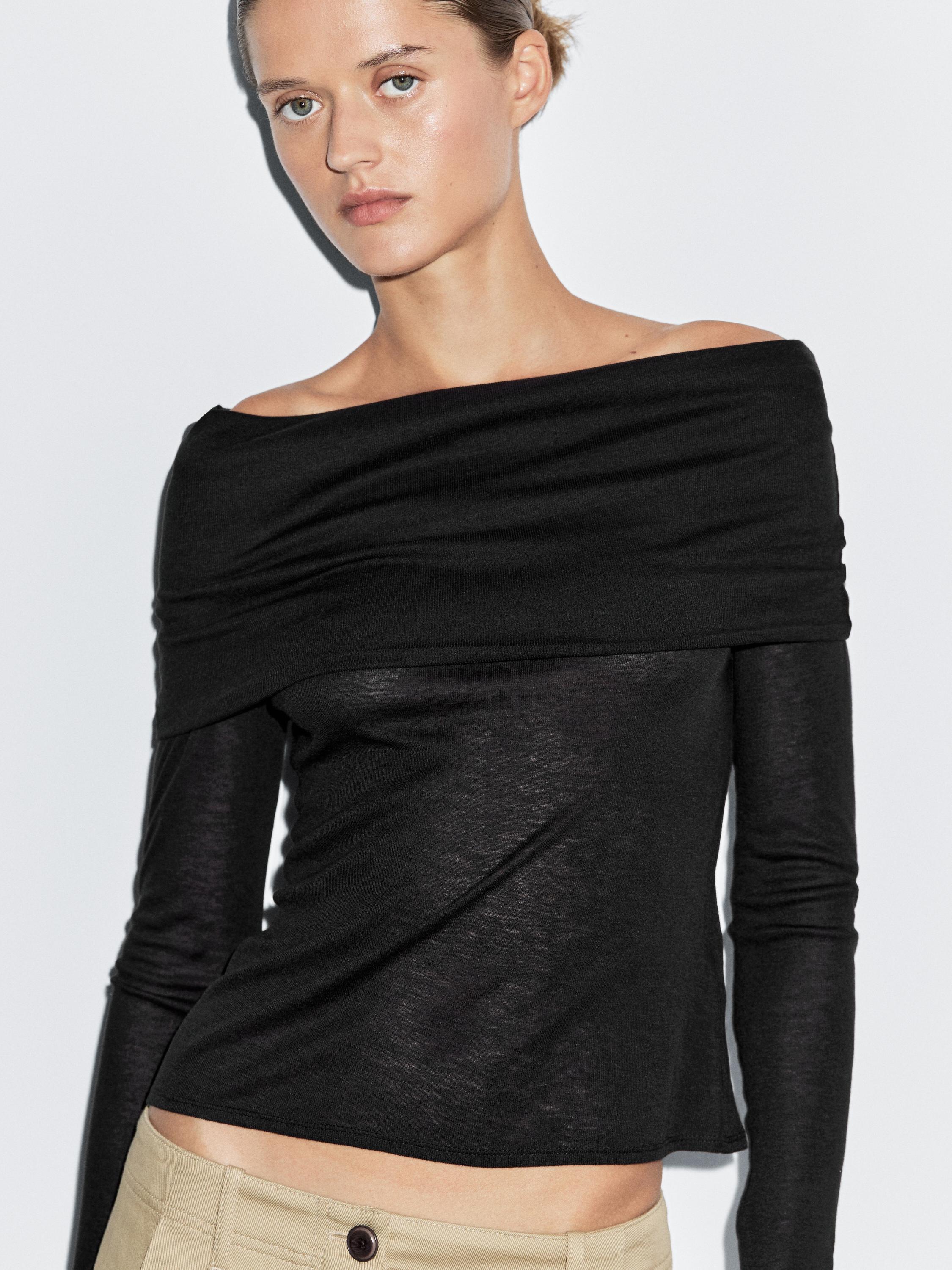 Long sleeve strapless T-shirt · Black, Mink · Circular Massimo Dutti