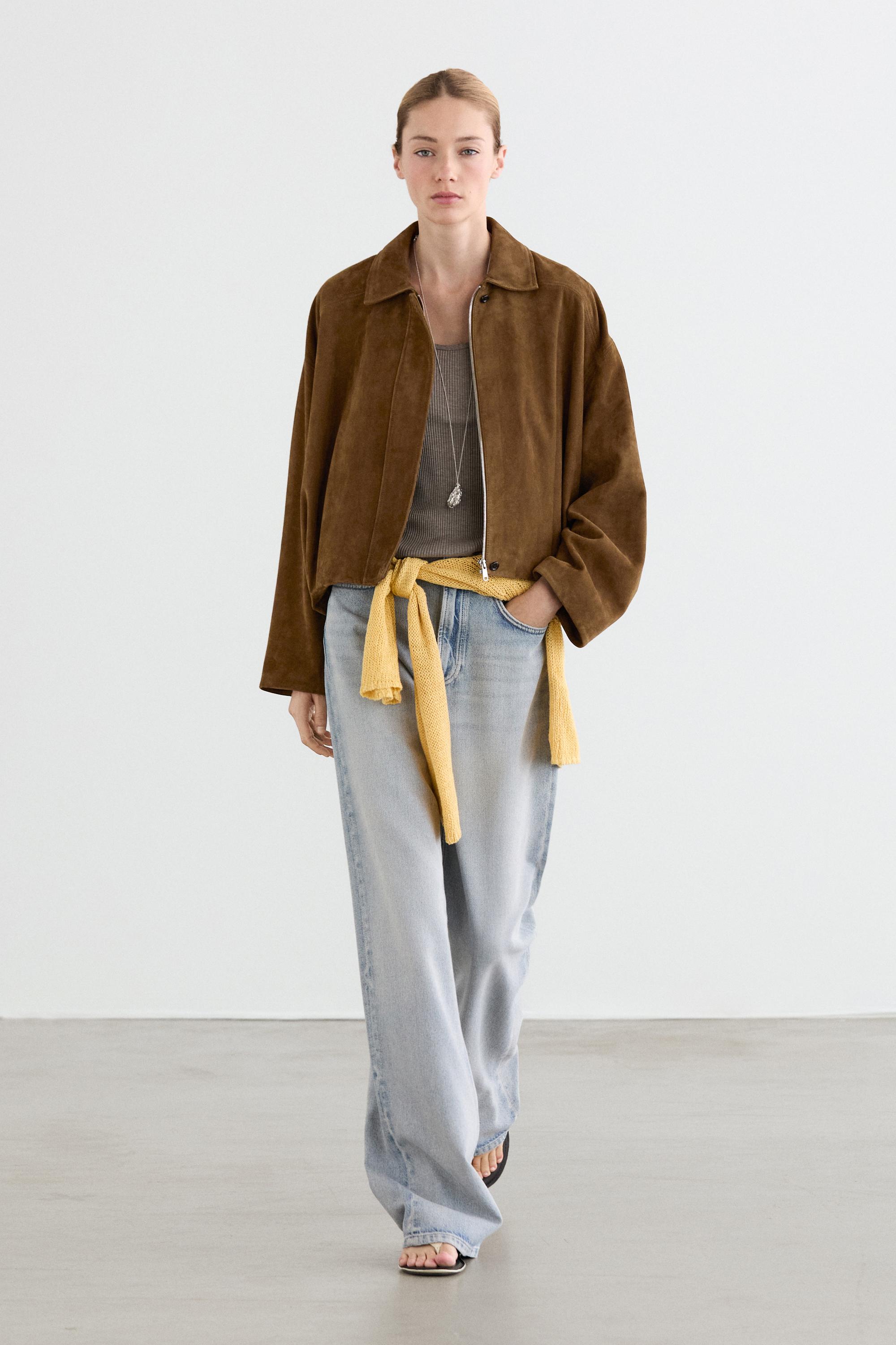 Short suede leather bomber jacket — BROWN
