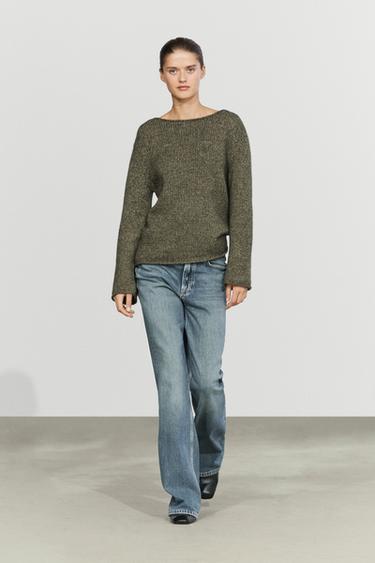 Wool-blend boat neck knit sweater — KHAKI 1
