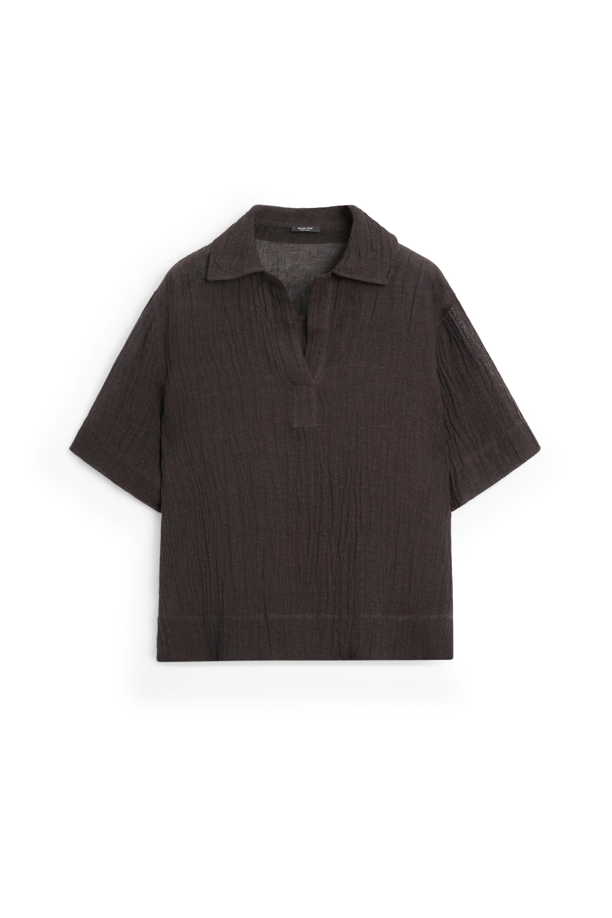 Flowing linen blend polo blouse — BROWN