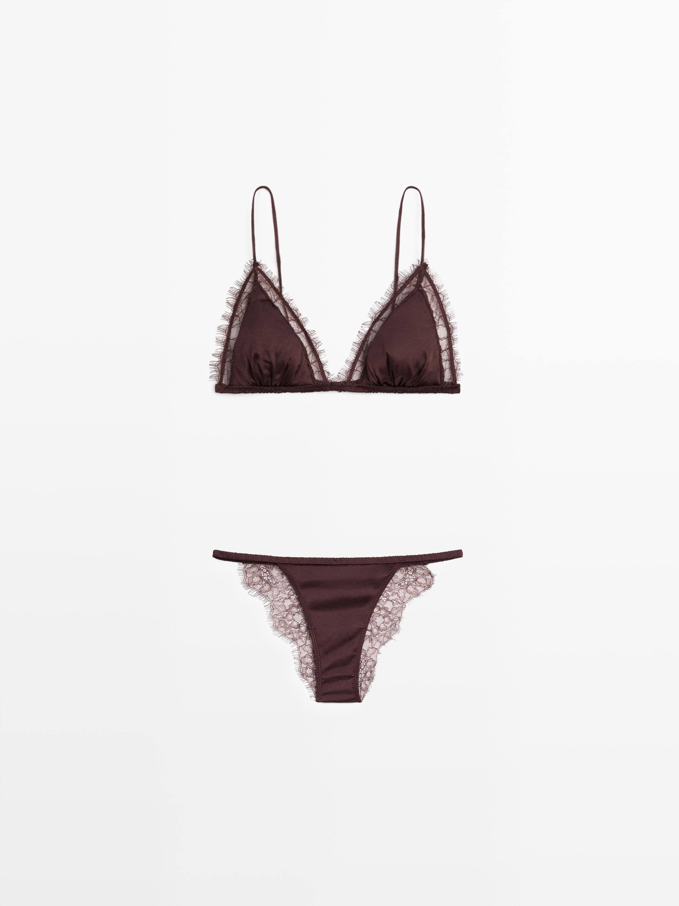 Bralette eta kulero marroizko lentzeria-multzoaren aurreko bista, tirante finekin eta parpailarekin, eta parpailadun kuleroekin.