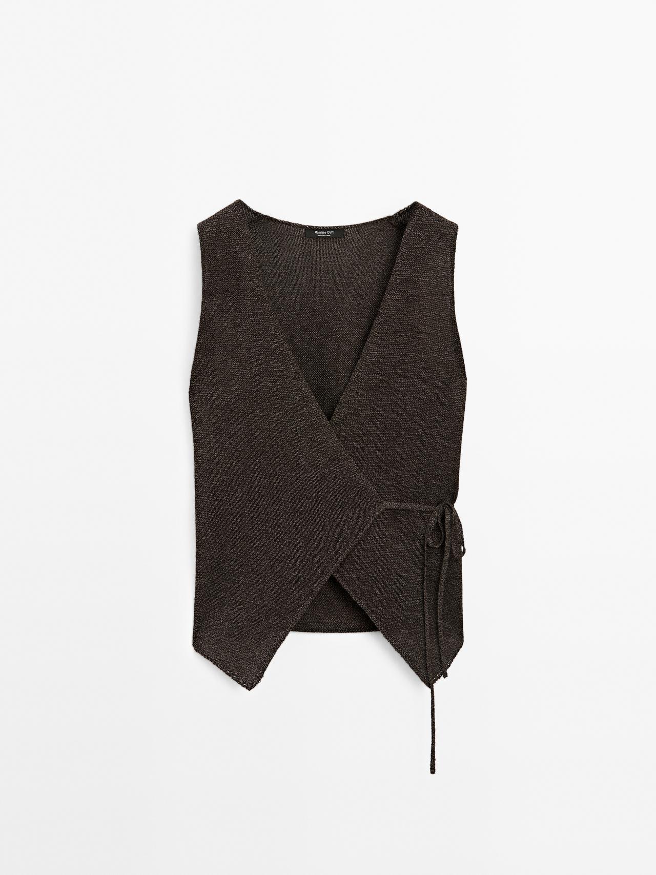 Massimo Dutti - Dame - Vest I Strik Med Bindebånd Og Overlap - Brun - Xs