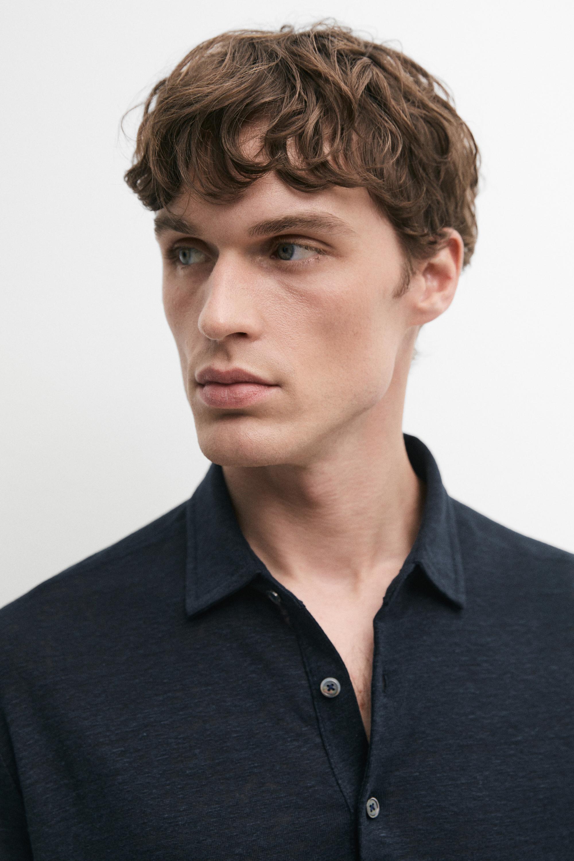 100% linen short sleeve polo shirt — NAVY BLUE