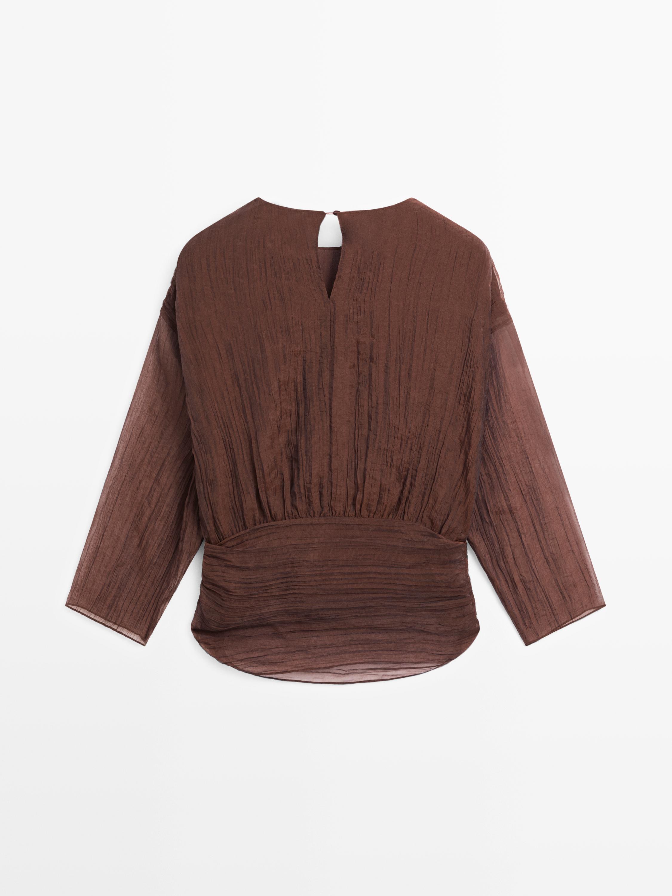 Blouse with sash belt and gathered details — Caramel