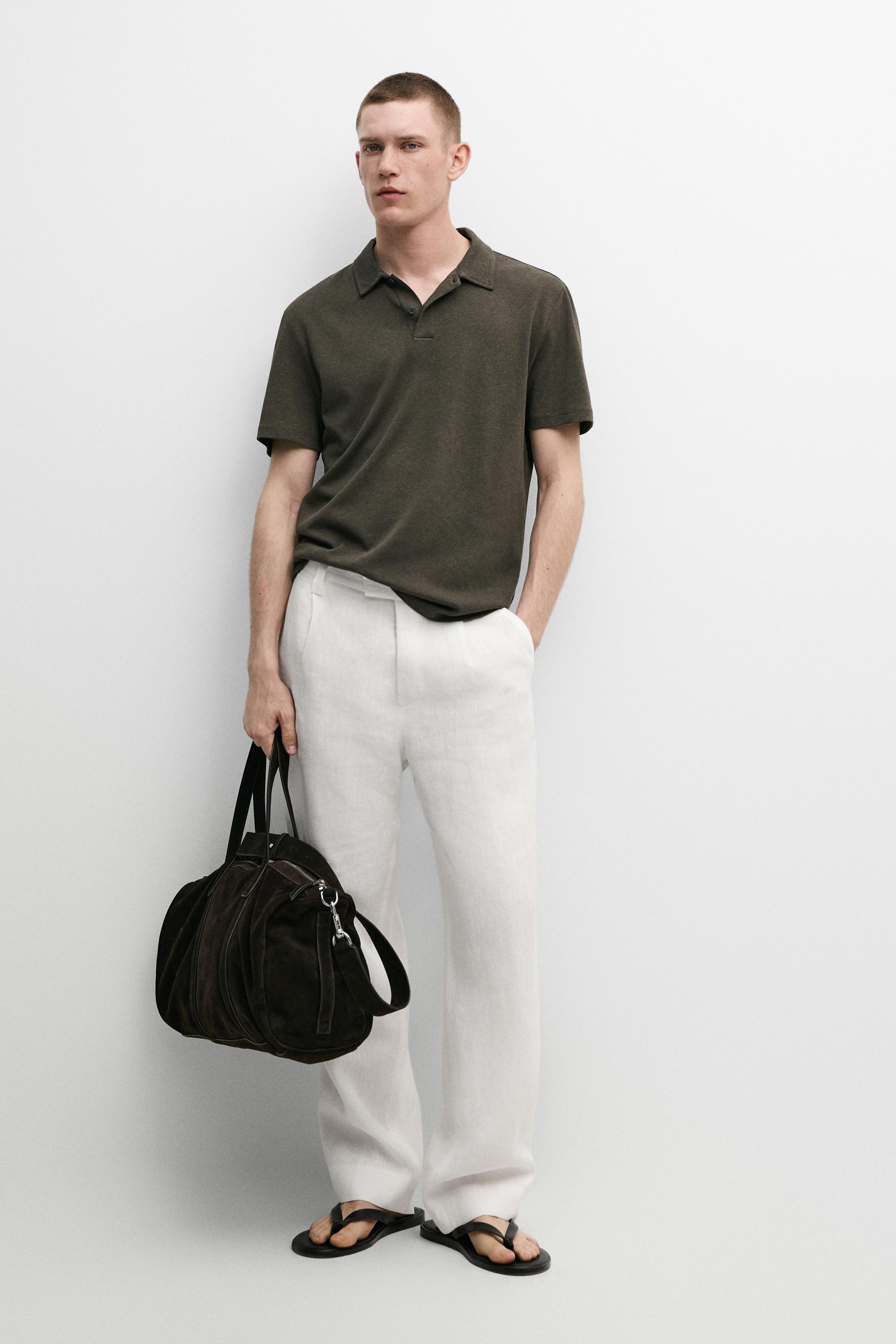 Linen and cotton short sleeve polo shirt — KHAKI