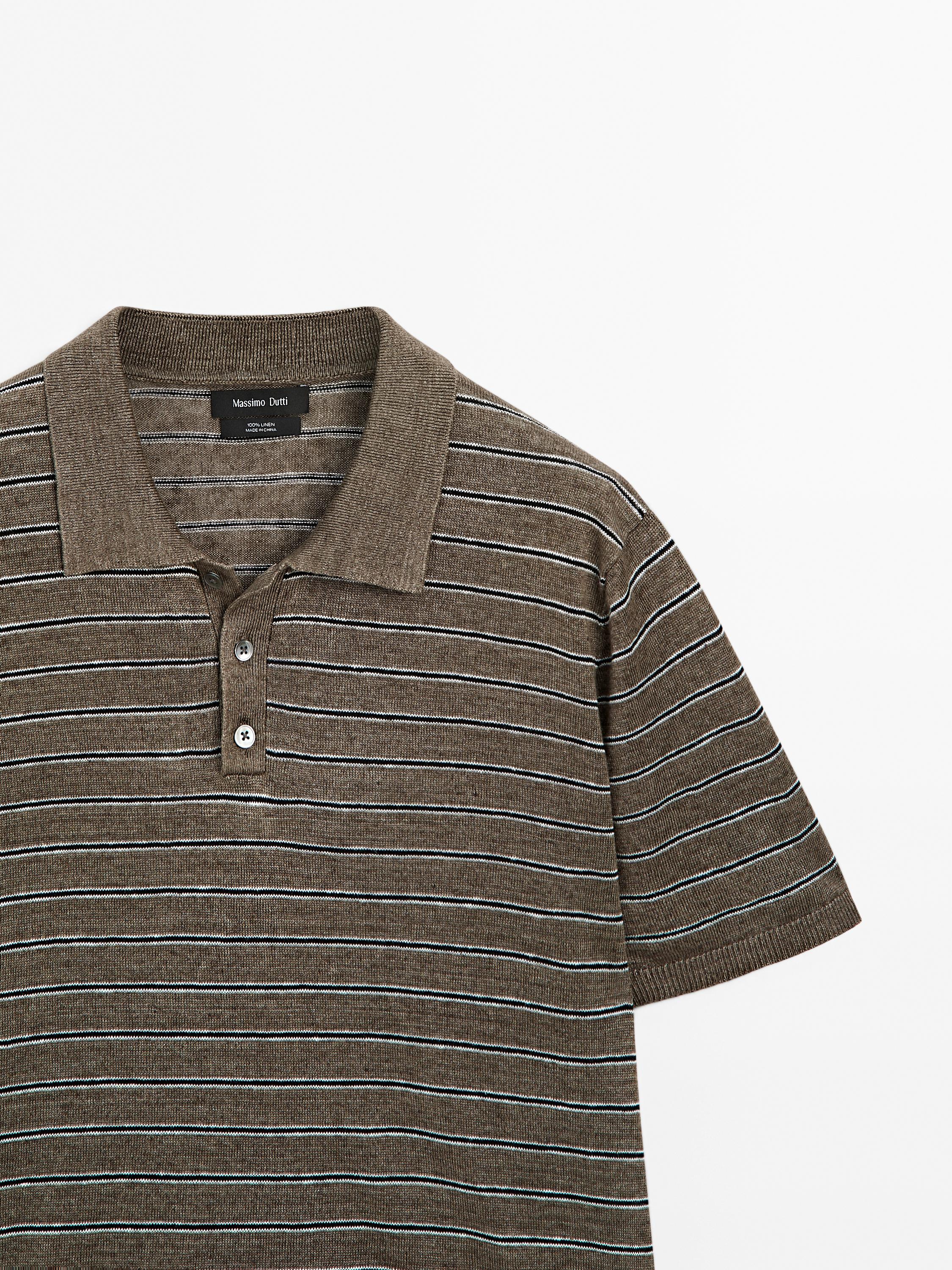 100% linen striped knit polo shirt