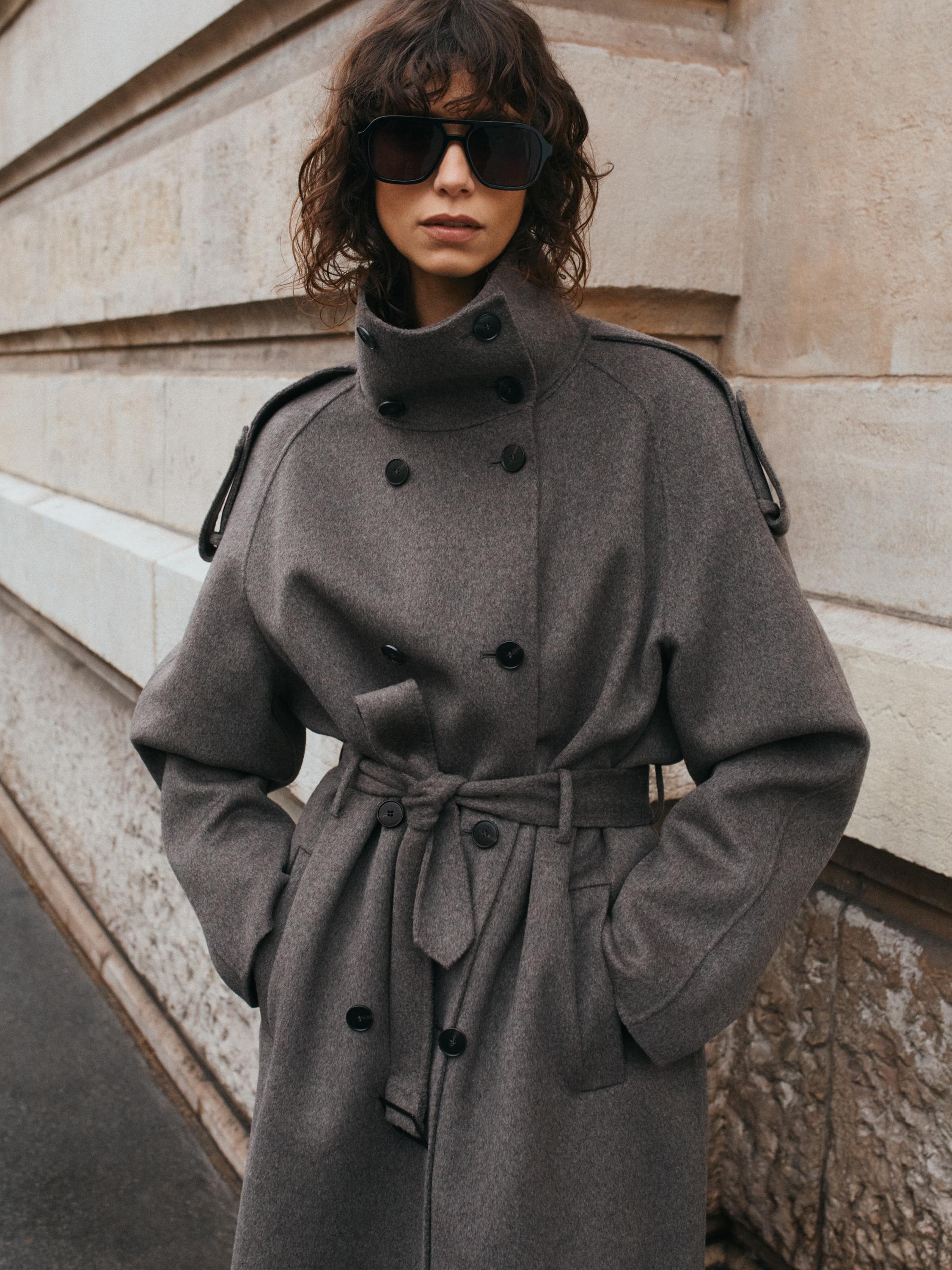 Long wool blend trench coat with belt