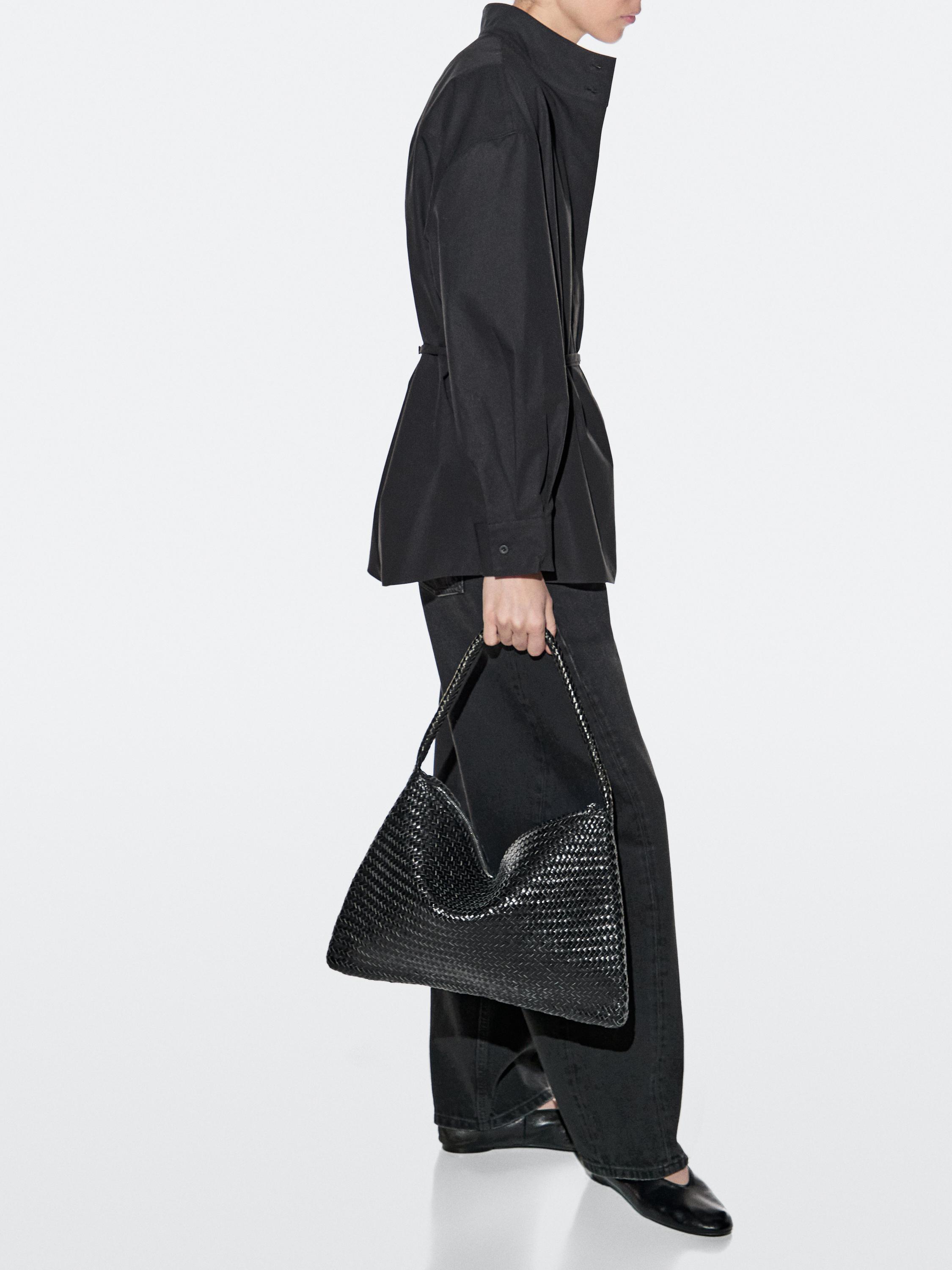 Mid-sized braided leather shoulder bag — BLACK