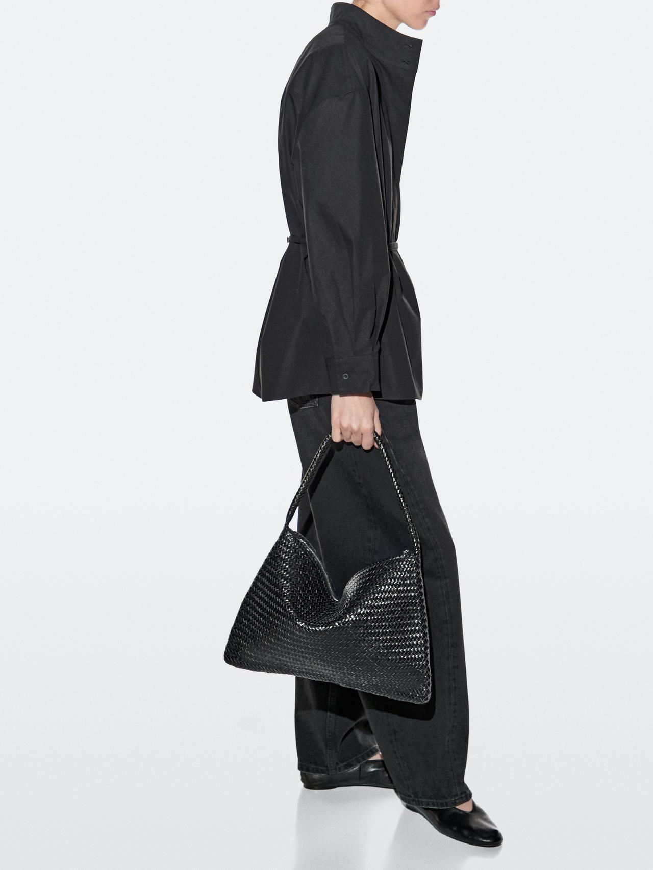 Mid-sized braided leather shoulder bag — BLACK
