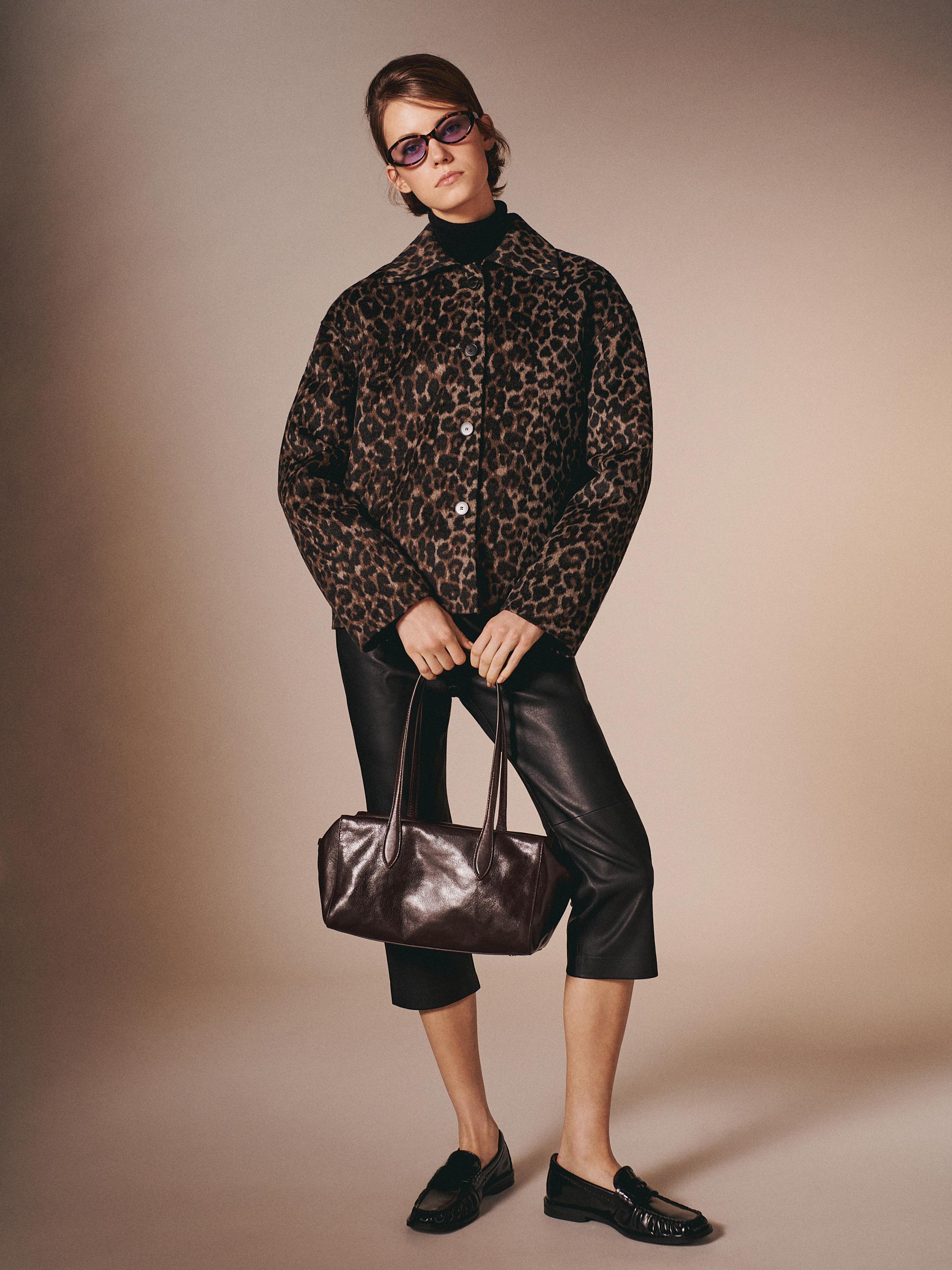 Cropped wool blend animal print jacket