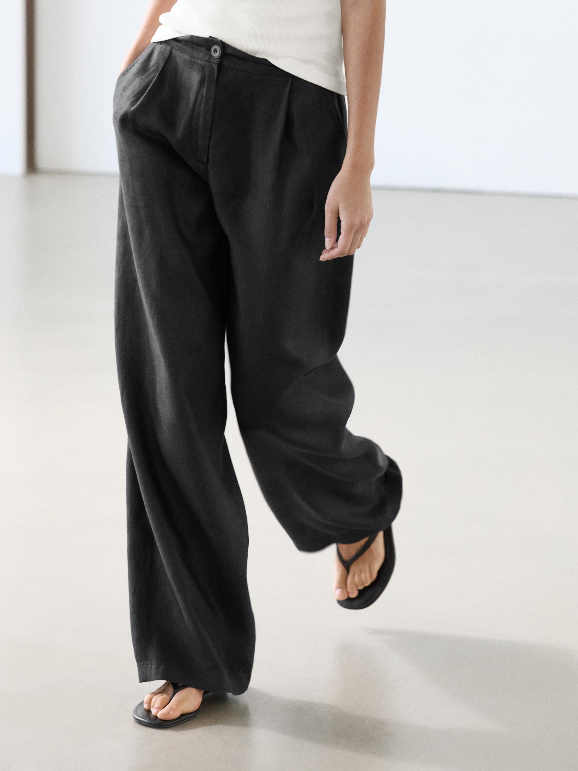 100% linen wide-leg elasticated trousers — BLACK