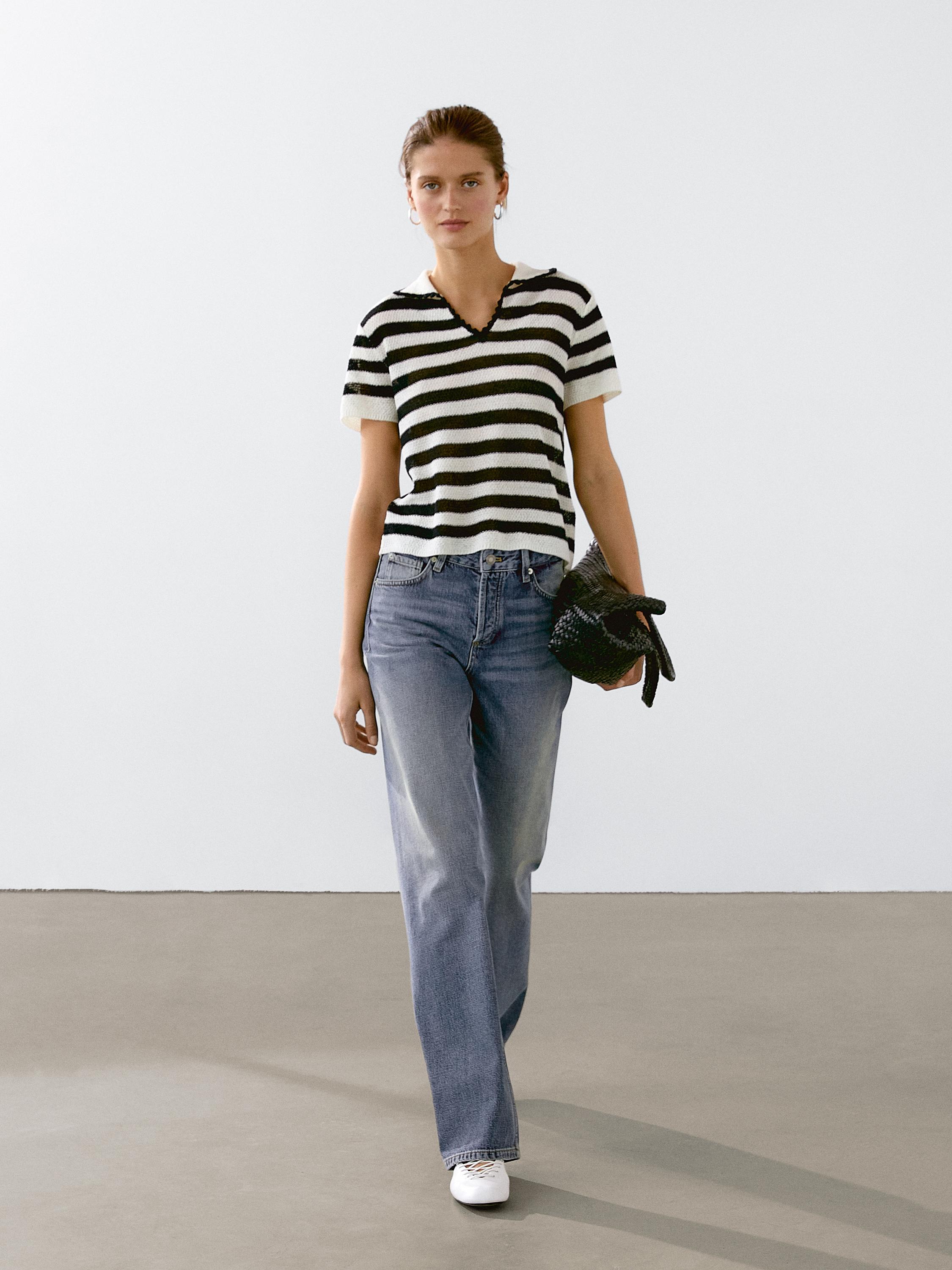 Striped cotton blend polo sweater