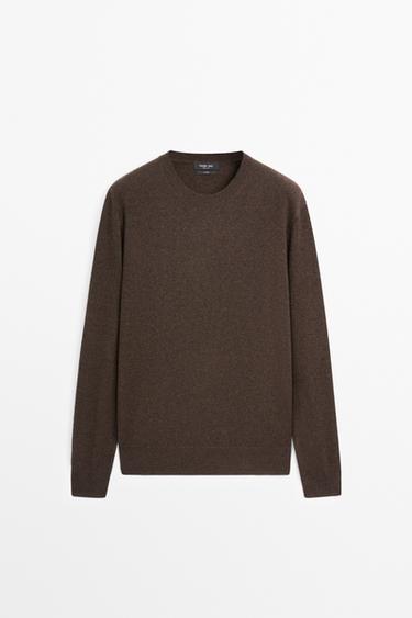 Knit 100% cashmere round neck sweater — BROWN MARL 2