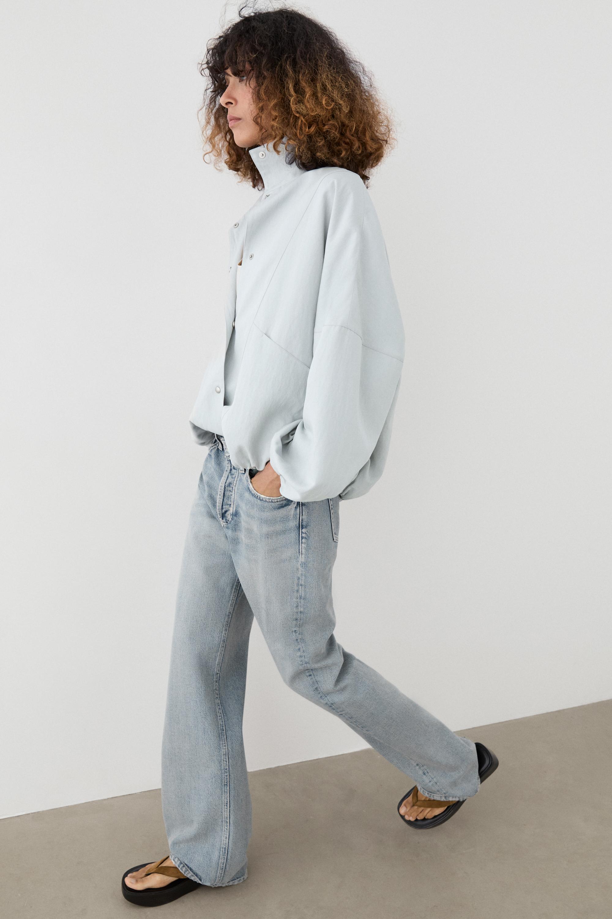 High collar bomber jacket with pocket details — Light blue