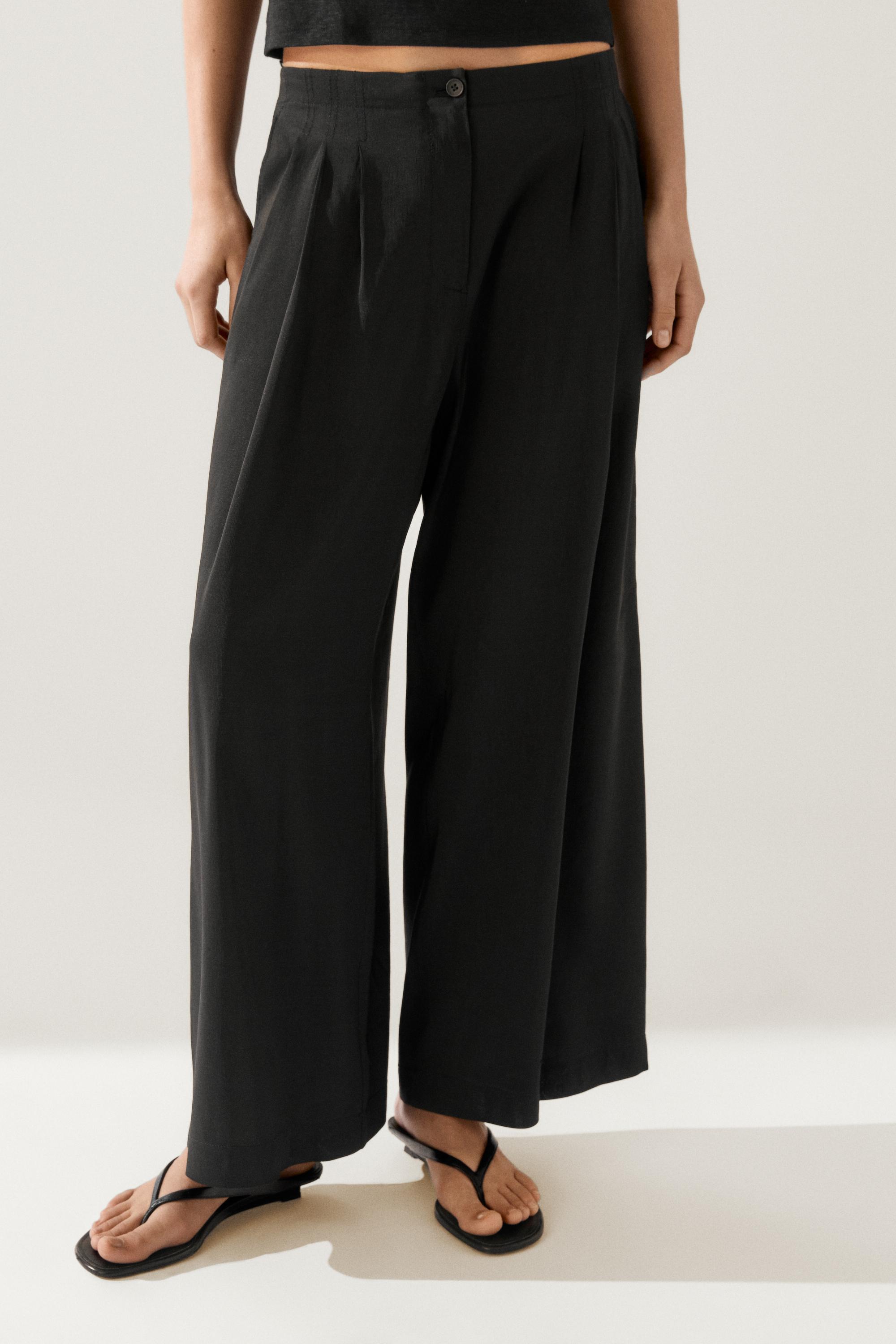 Flowing linen blend trousers — BLACK