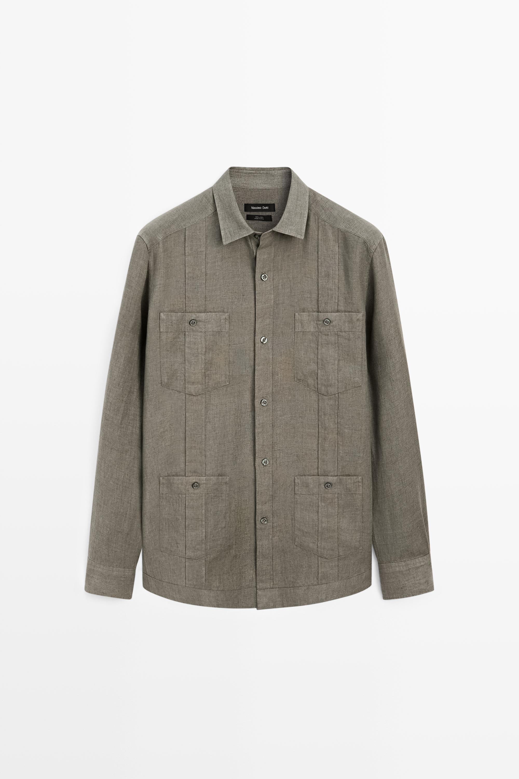 Regular fit 100% linen shirt with pockets — GREEN
