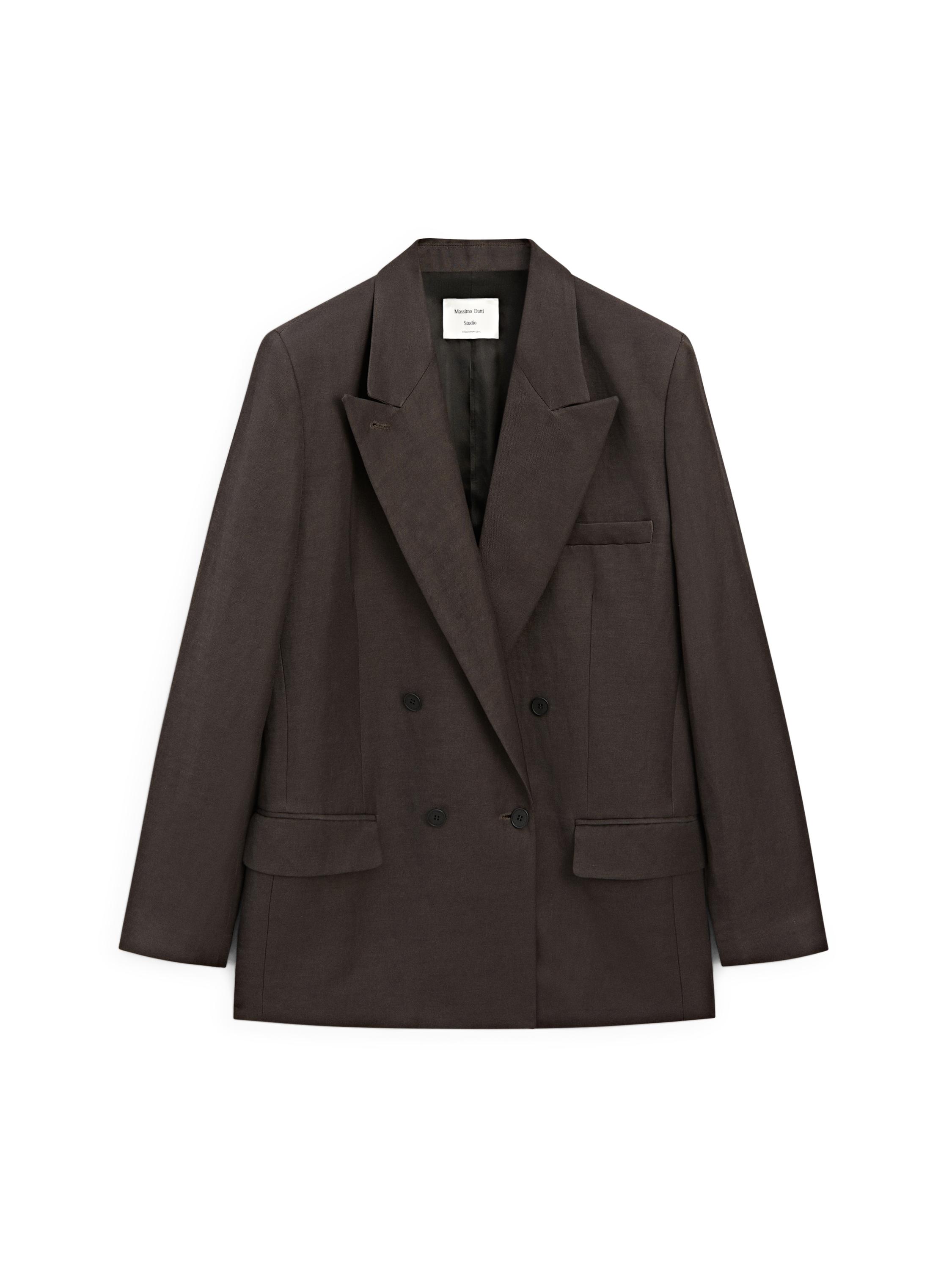 Double-breasted linen blend blazer - STUDIO — BROWN