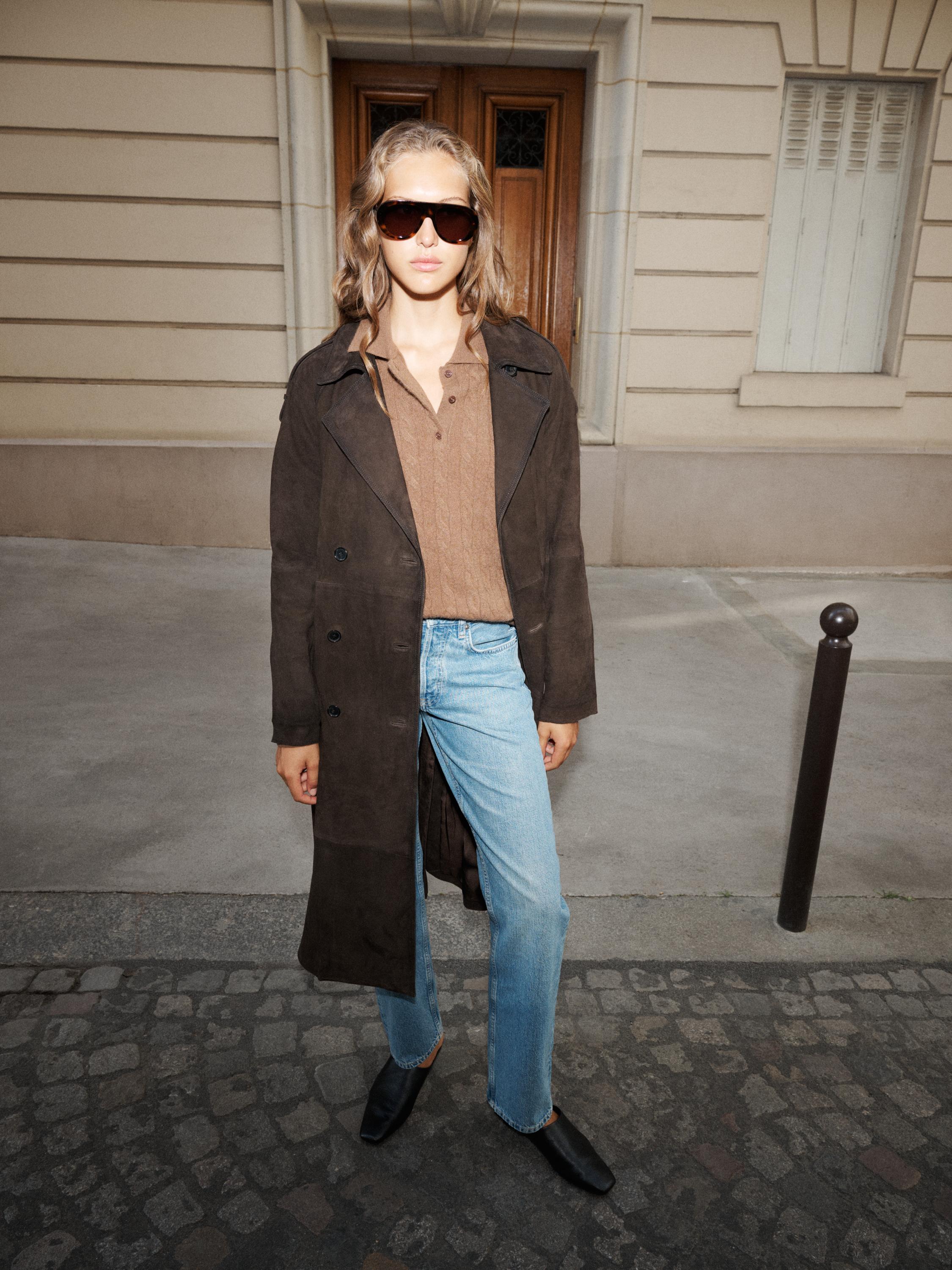 Long suede leather trench coat