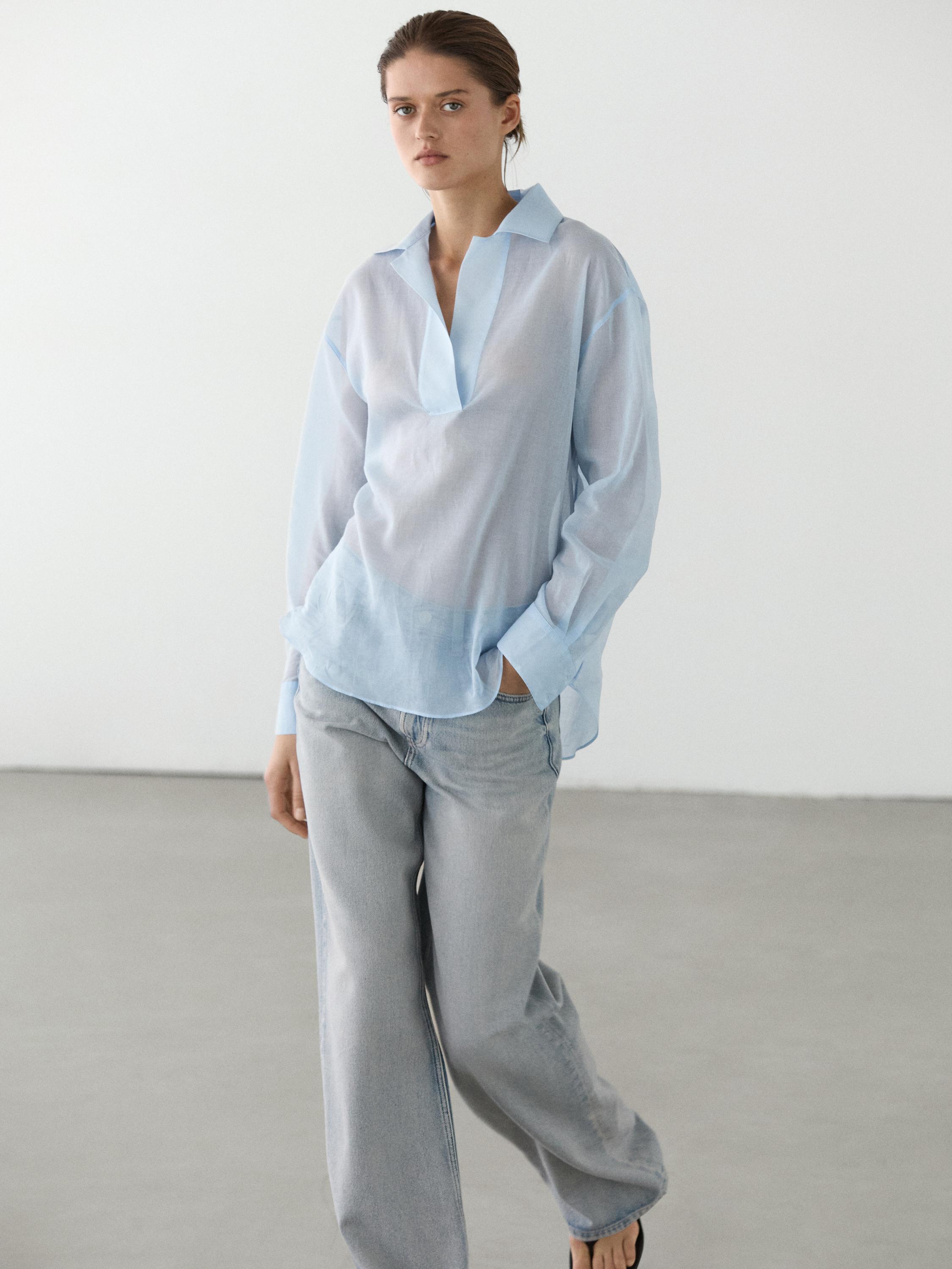 Flowing 100% cotton shirt with collar detail — SKY BLUE