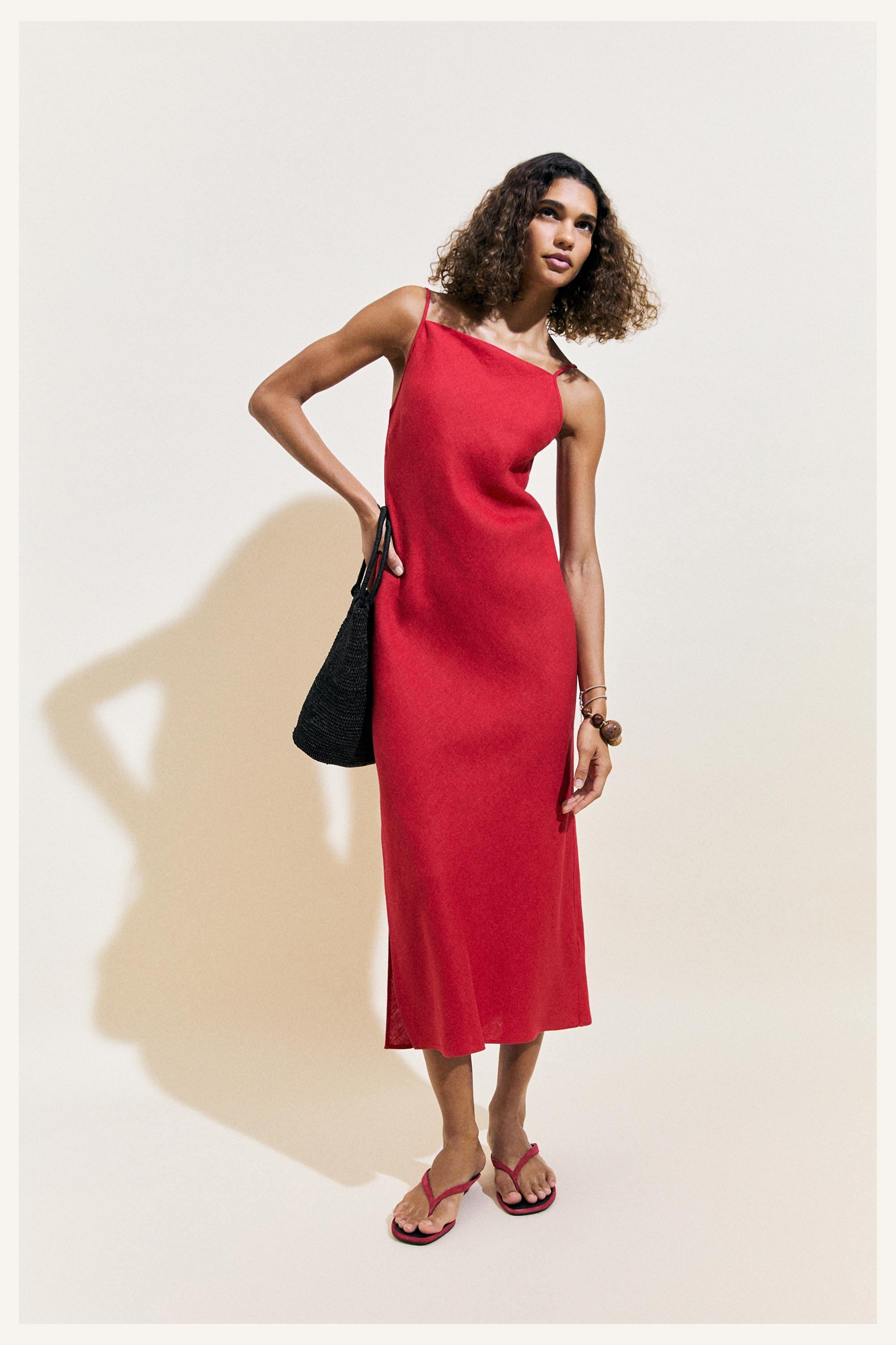 100% linen midi dress with straight neckline — RED