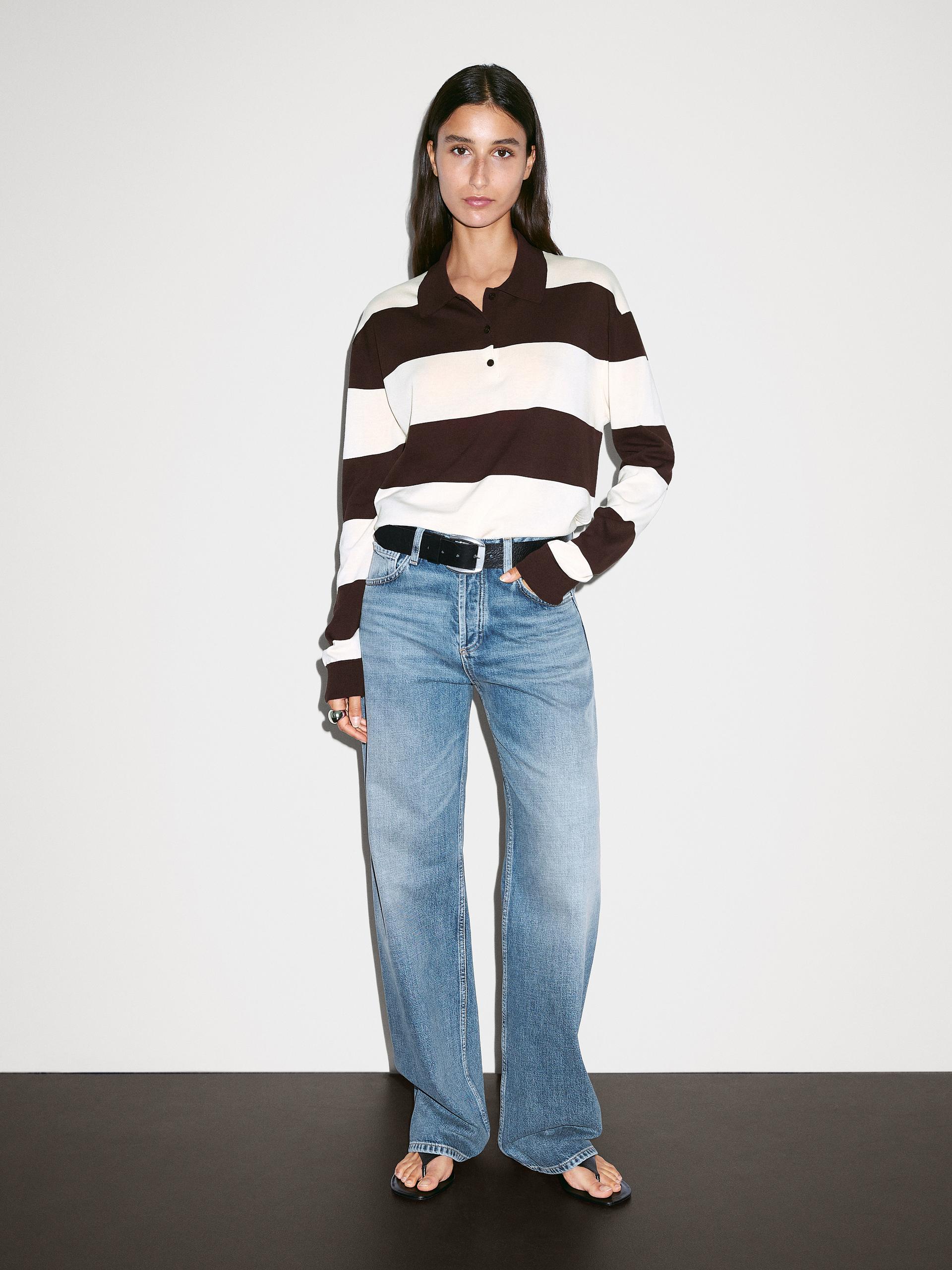 Sweter Z Dzianiny W Paski Z Kołnierzykiem Polo - Czekoladowy - L - Massimo Dutti - Kobieta