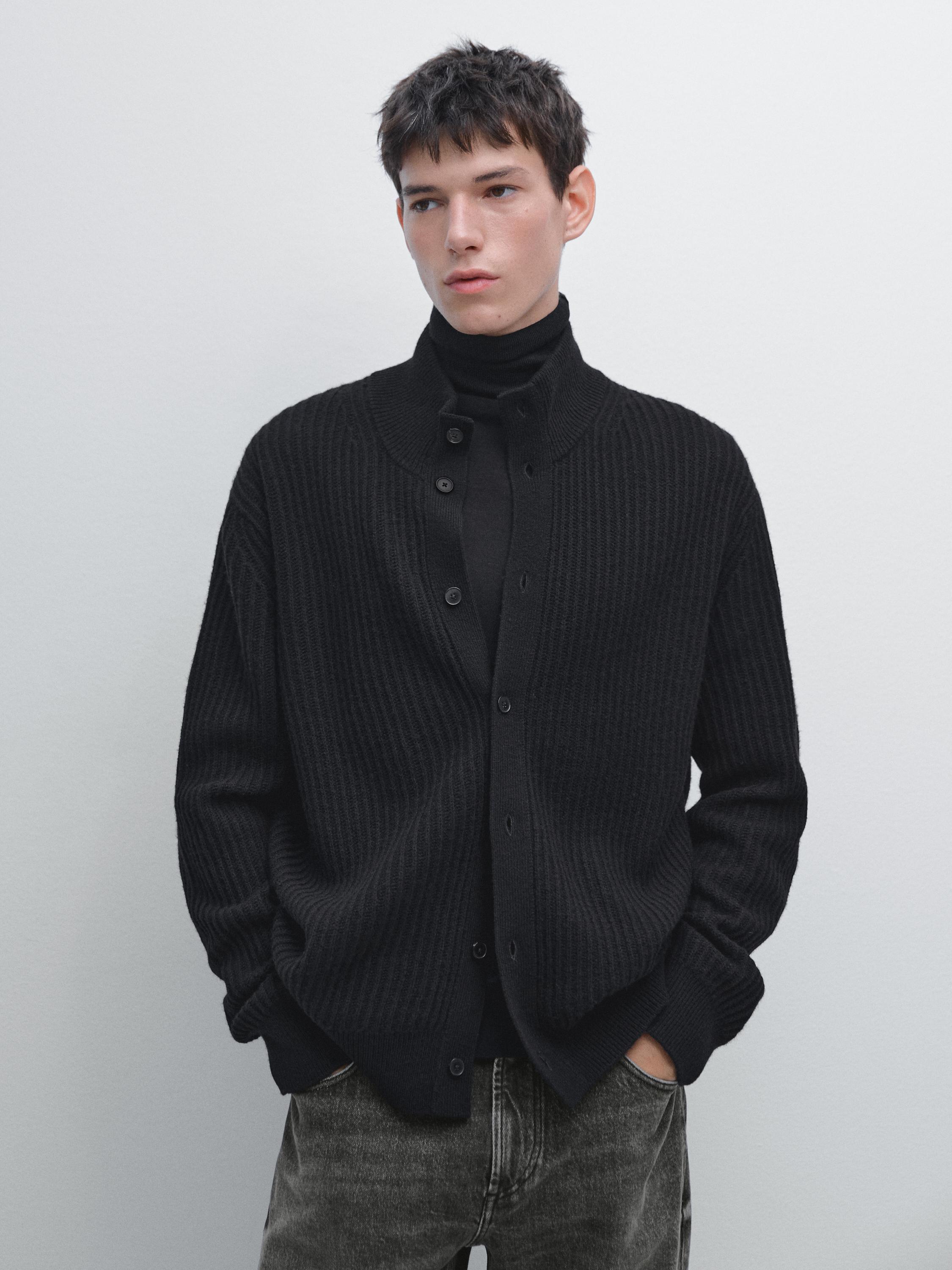 Knit wool blend cardigan with high neck