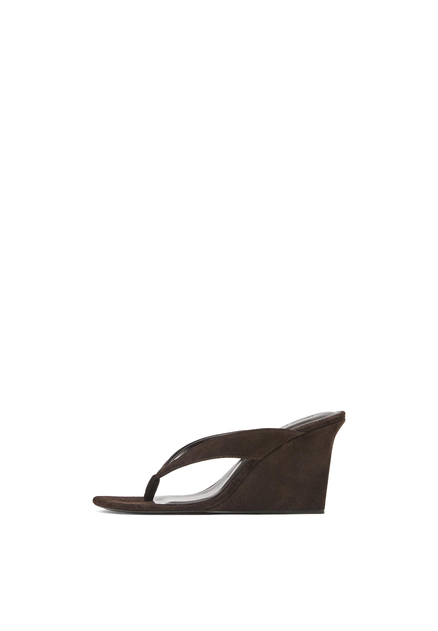 Split leather high-heel wedge sandals — BROWN